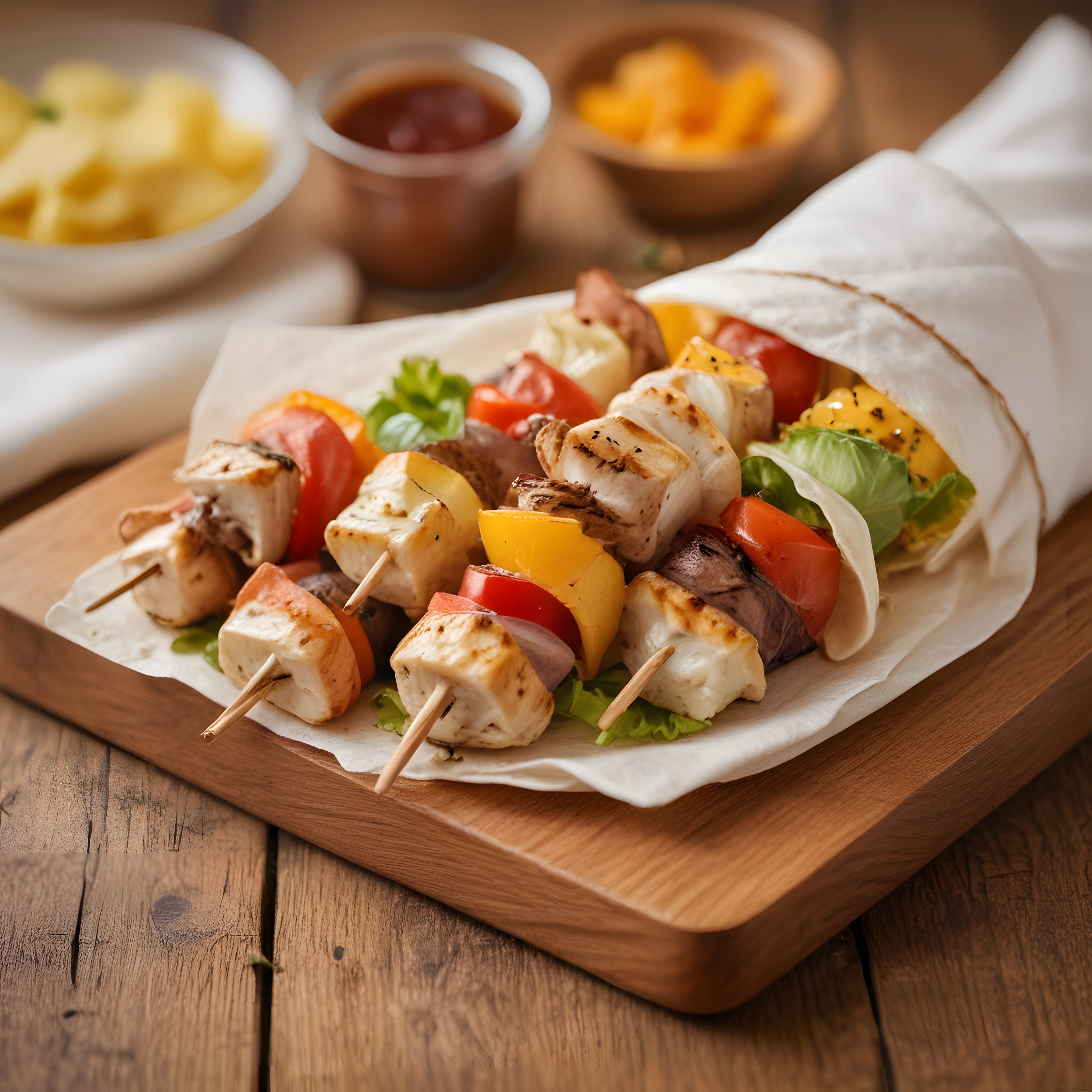 Tavuk şiş kebabı ve sebzelerle lavaşta servis edilen ızgara sunumu