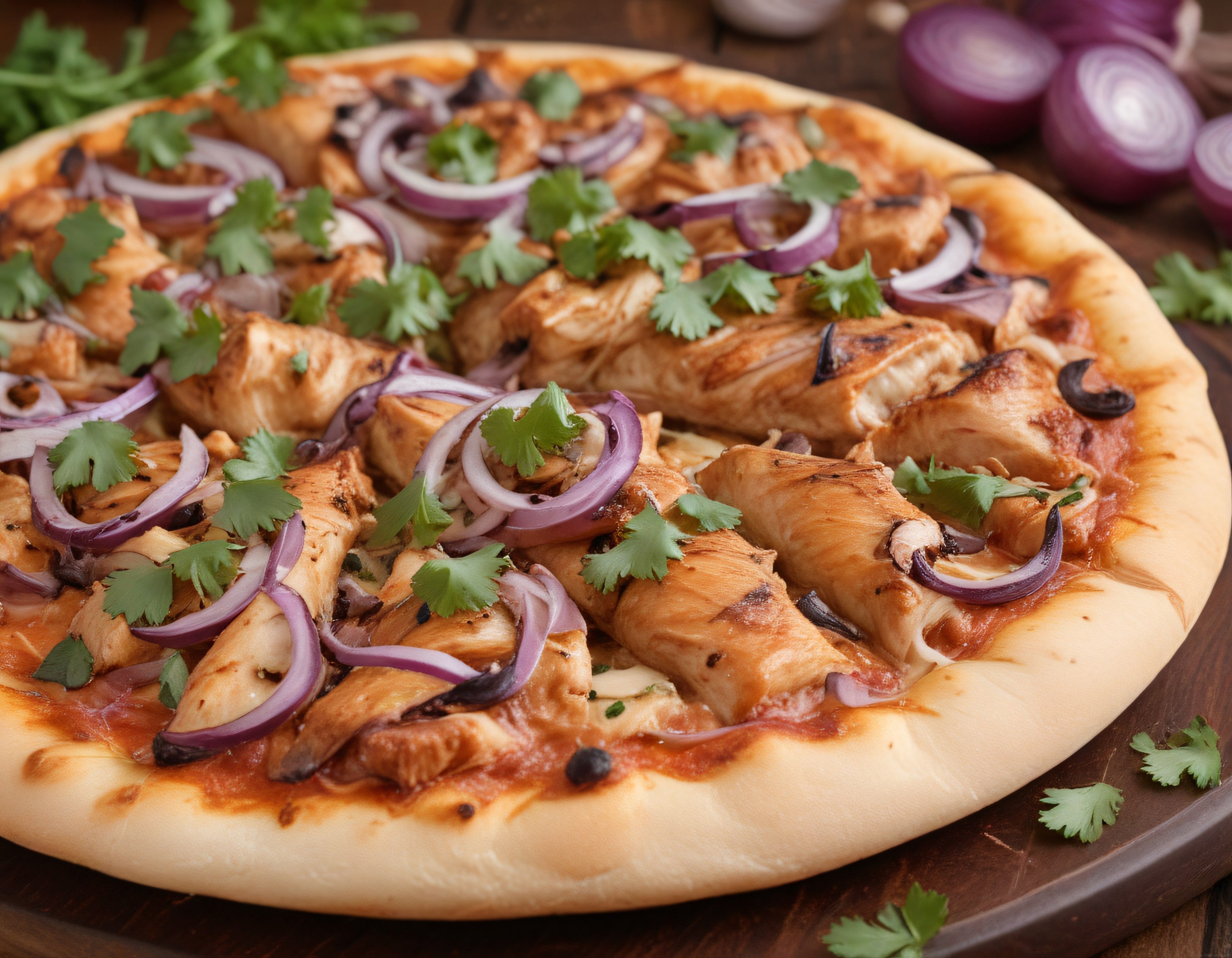tavuklu barbekü soslu, mor soğan ve taze maydanozlu ev yapımı pizza
