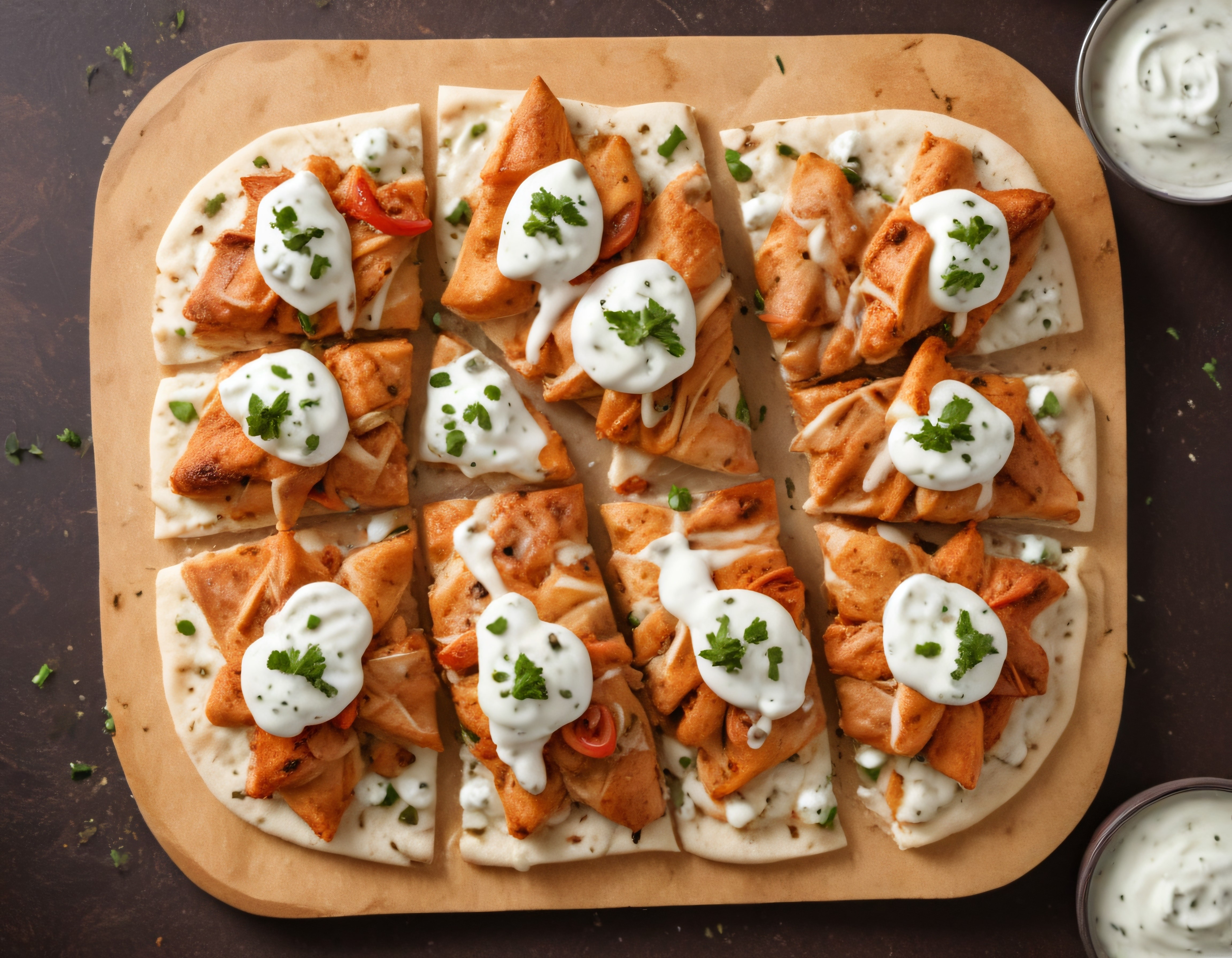 Tavuklu flatbread pizza yoğurt soslu ve taze kişnişli pratik atıştırmalık