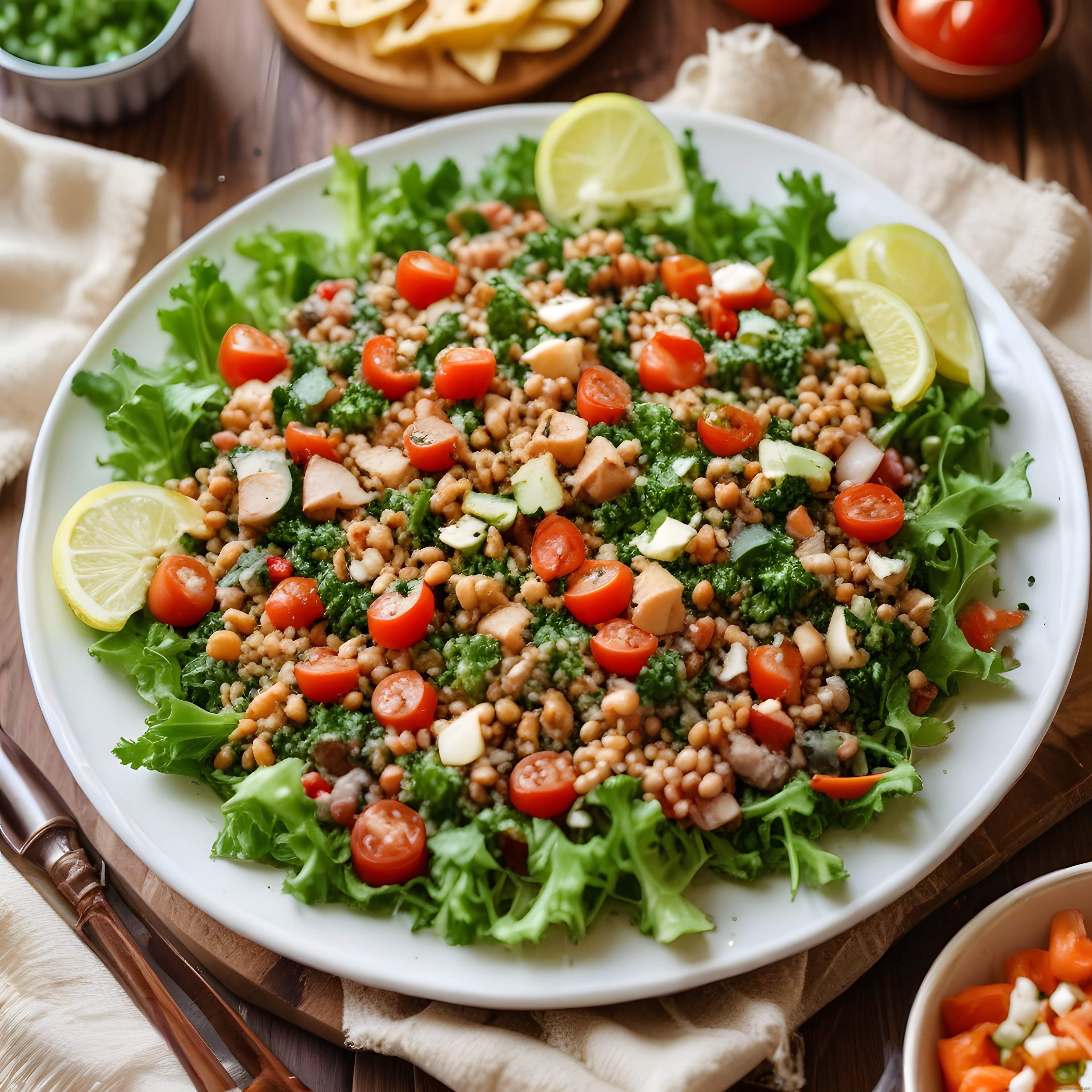 tavuklu nohutlu bulgur salatası: taze sebzeler ve limon ile sağlıklı sunum