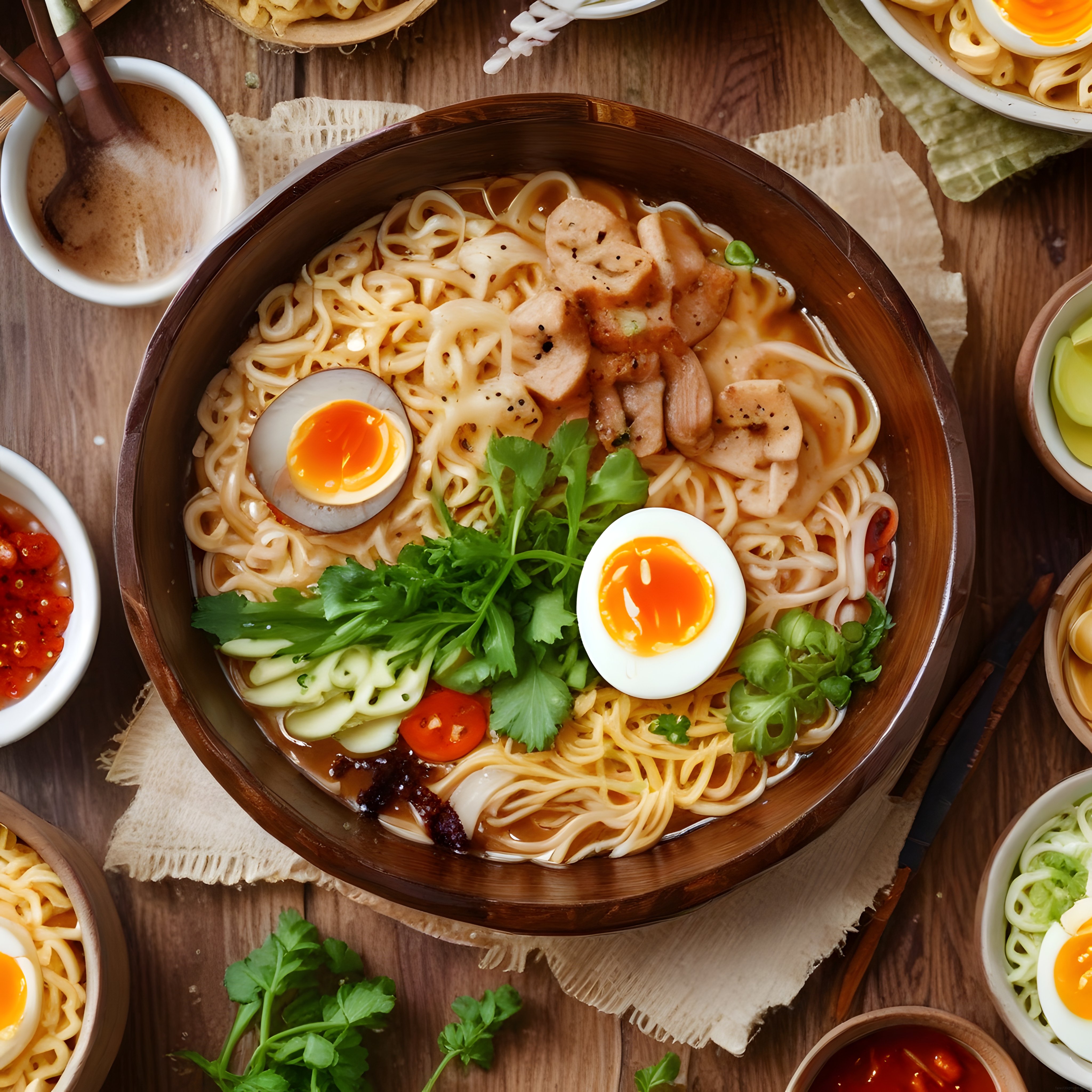Tavuklu Noodle Çorbası, Yarım Pişmiş Yumurta ve Ahşap Masa Sunumu