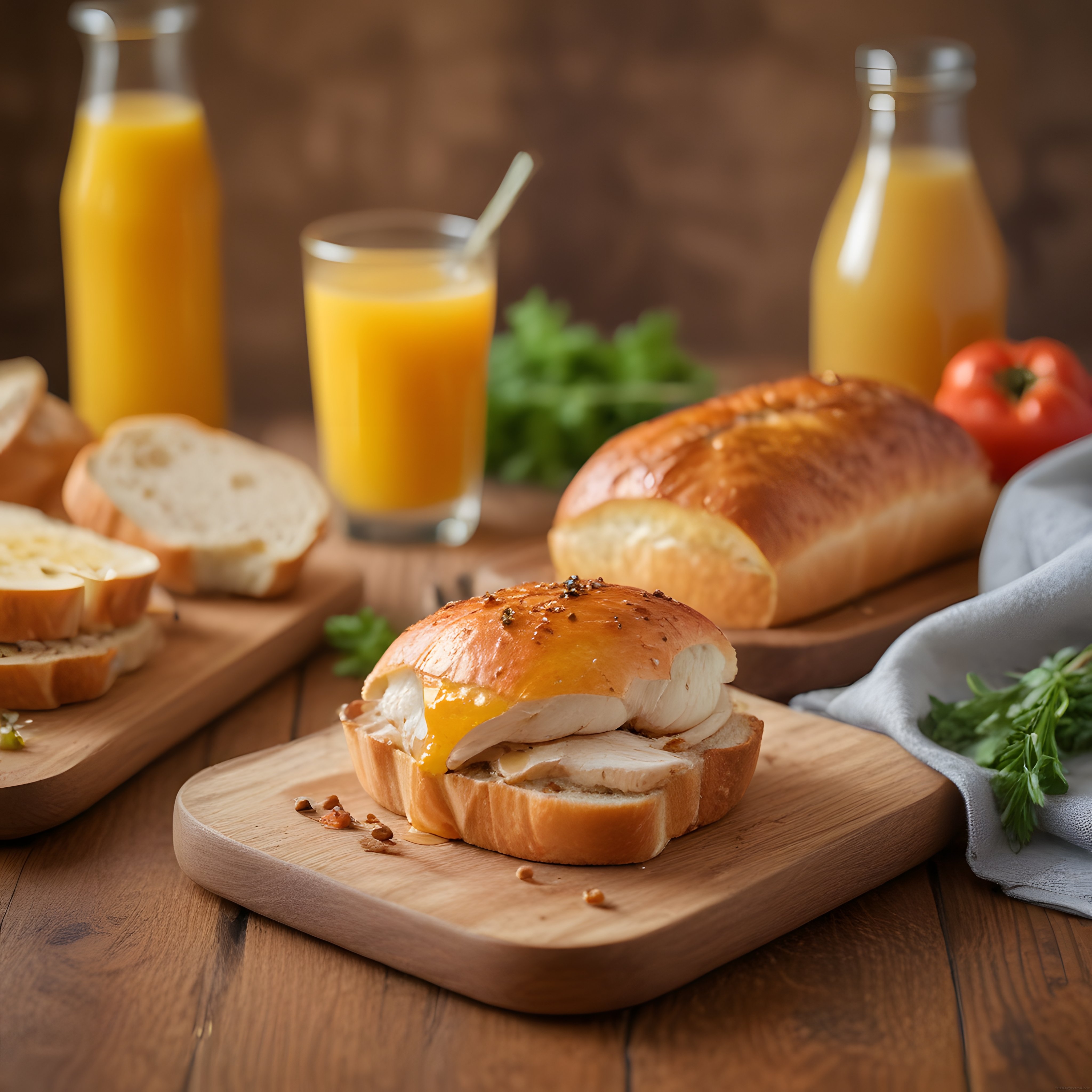 Tavuklu Peynirli Sandviç ve Portakal Suyu ile Sıcacık Kahvaltı Masası