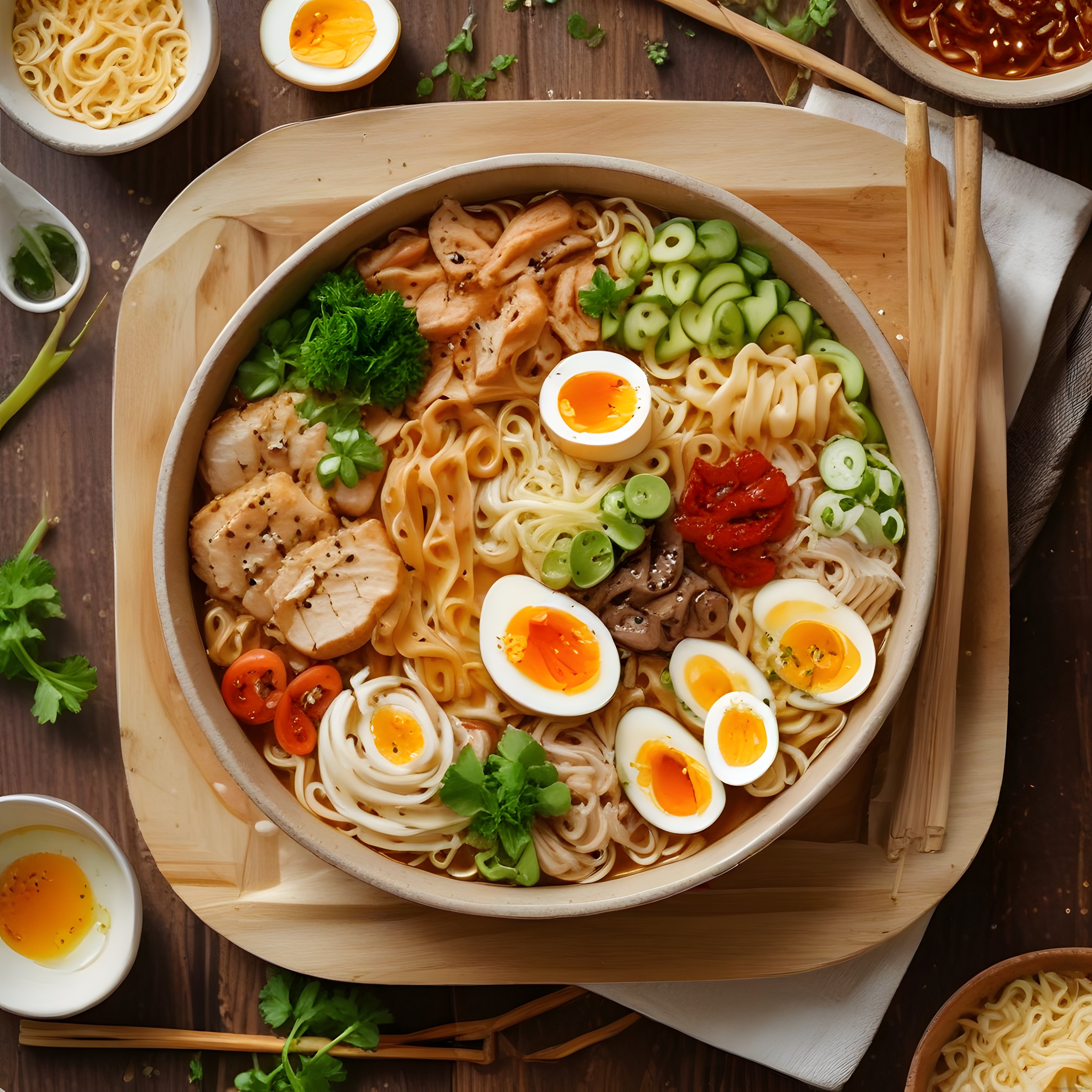 Tavuklu ramen kasesi yumurta ve taze sebzelerle ahşap sunumda Asya lezzeti