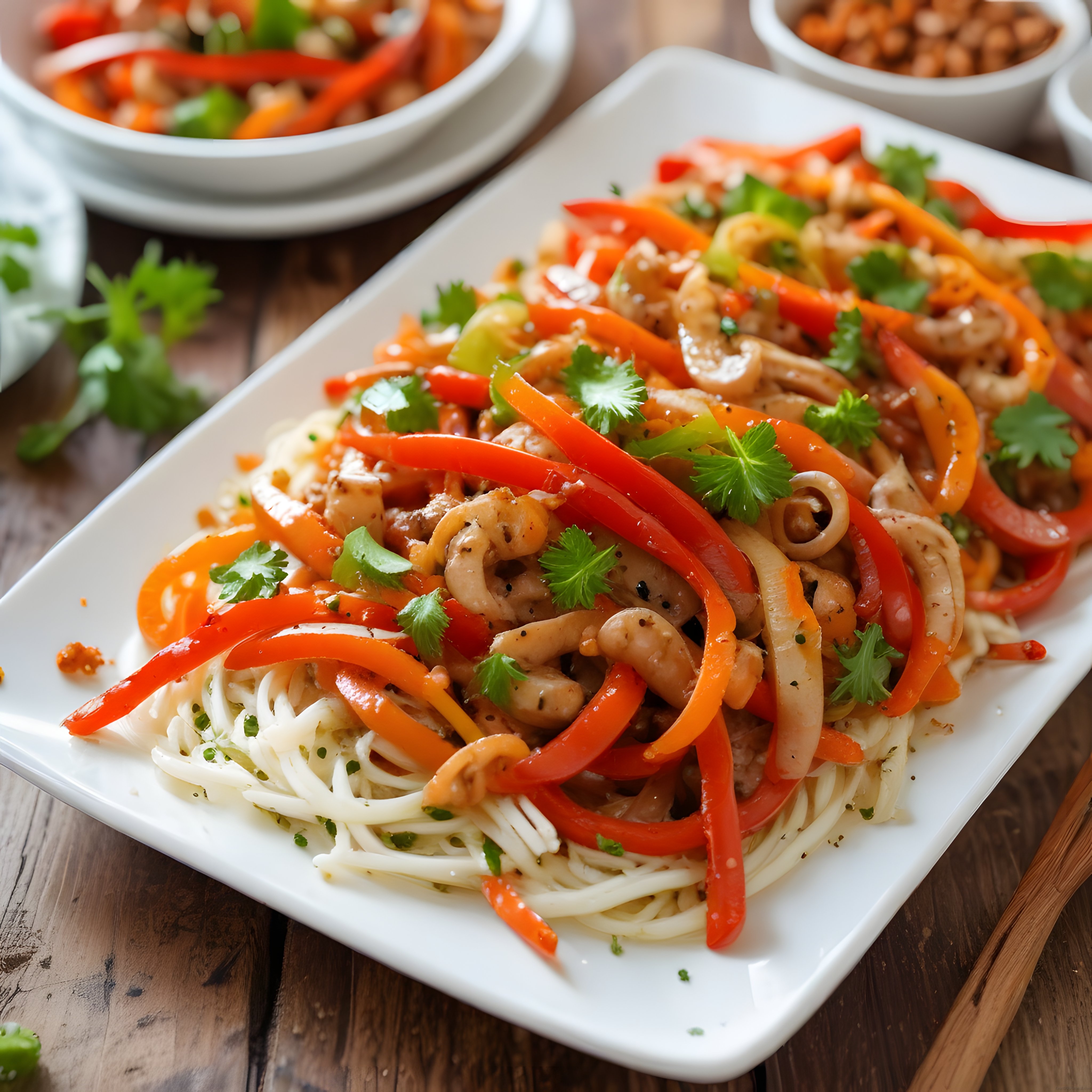 tavuklu sebzeli asya usulü noodle yemeği ahşap masa üzerinde nefis sunum