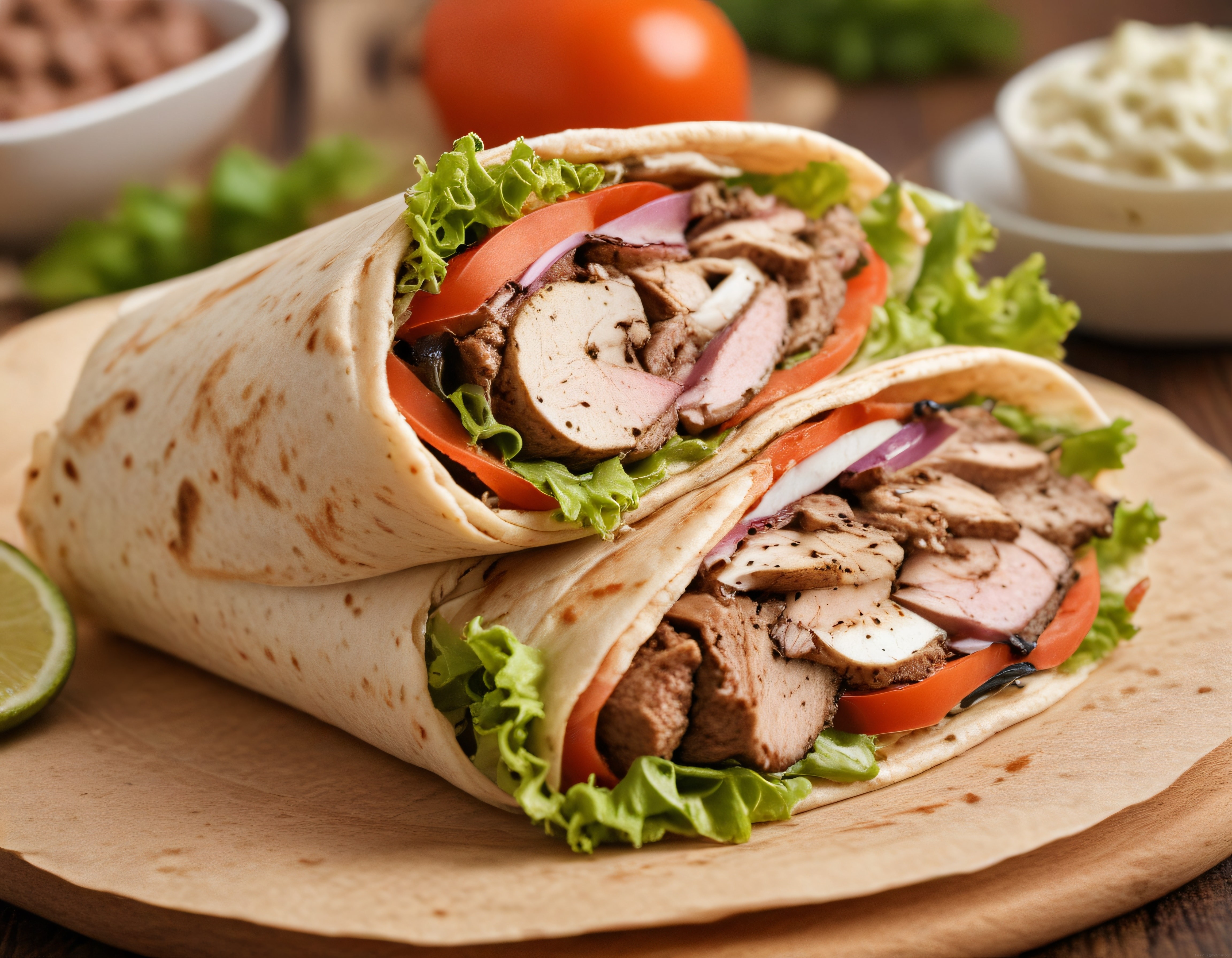 Tavuklu sebzeli lavaş dürüm: Ahşap sunum tahtasında sağlıklı protein dolu öğün