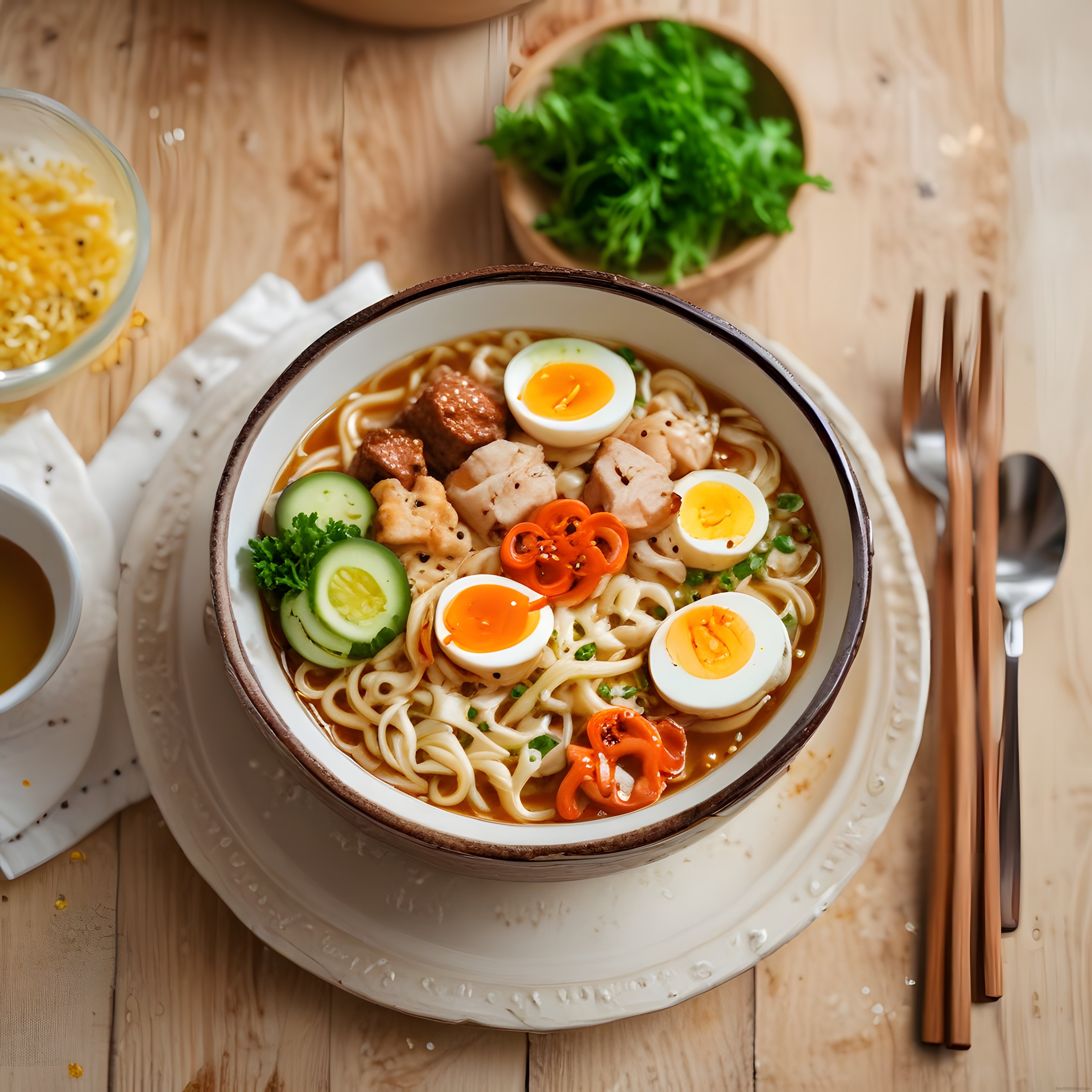 Tavuklu ve Haşlanmış Yumurtalı Noodle Çorbası Sunumu Üstten Görünüm