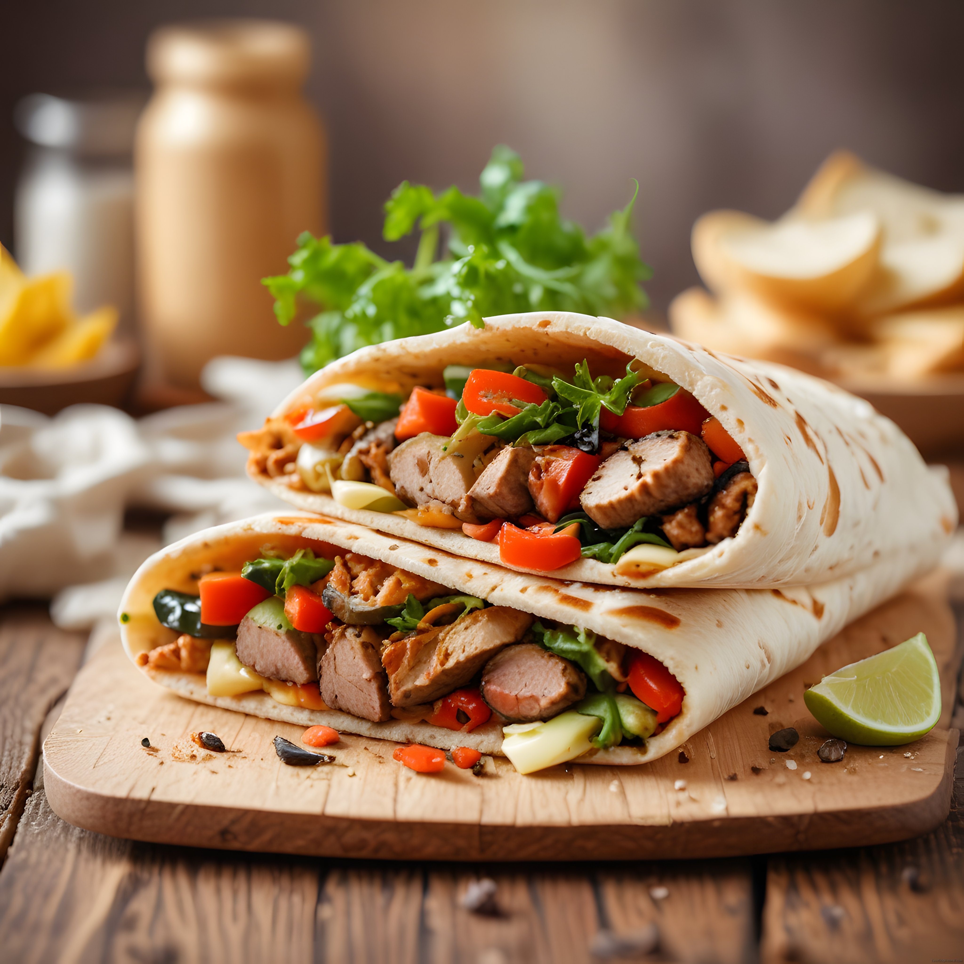 Tavuklu Ve Sebzeli Ev Yapımı Dürüm Taco Limon Eşliğinde Rustik Sunum