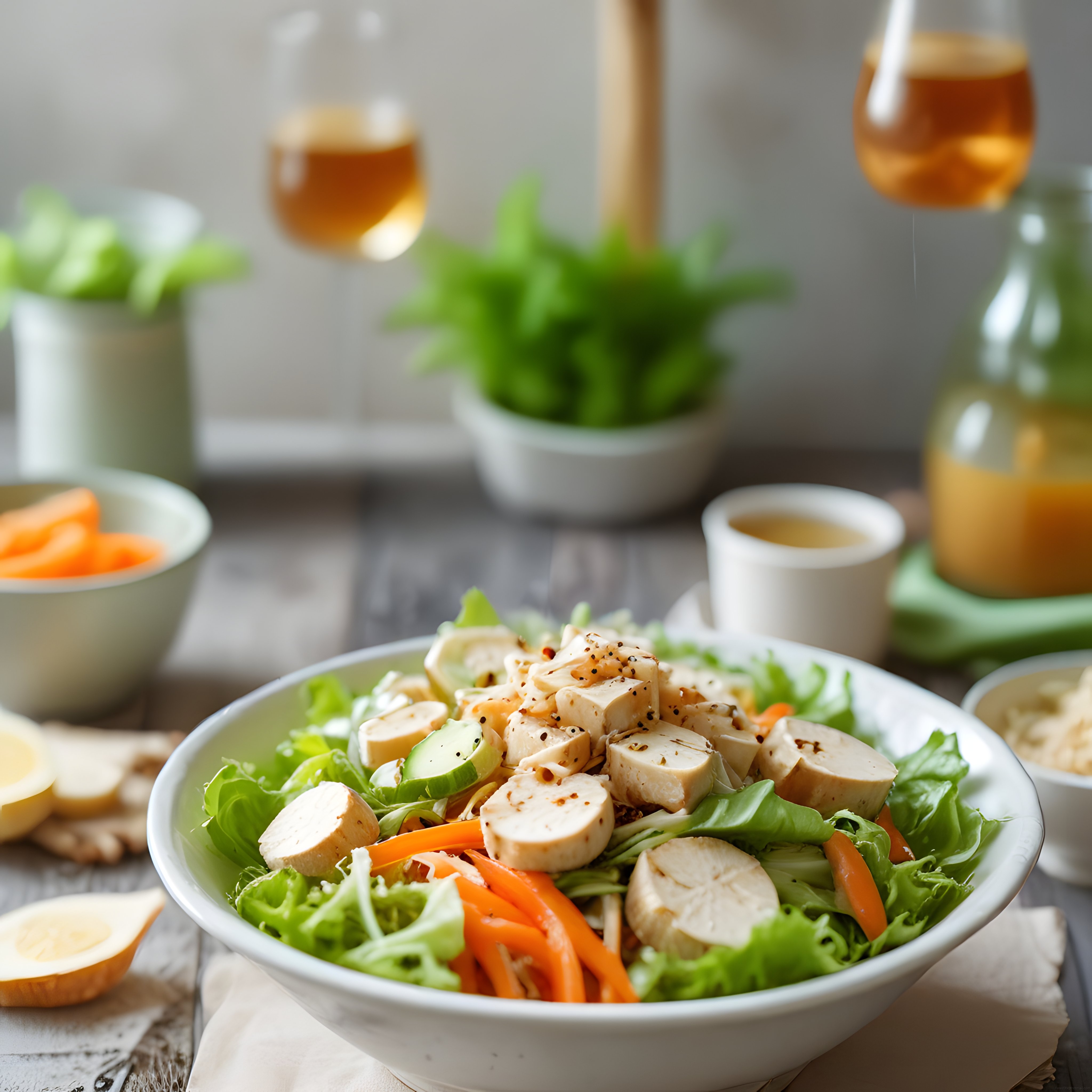 Tavuklu Yeşil Salata: Ahşap Masada Sağlıklı ve Protein Dolu Öğün