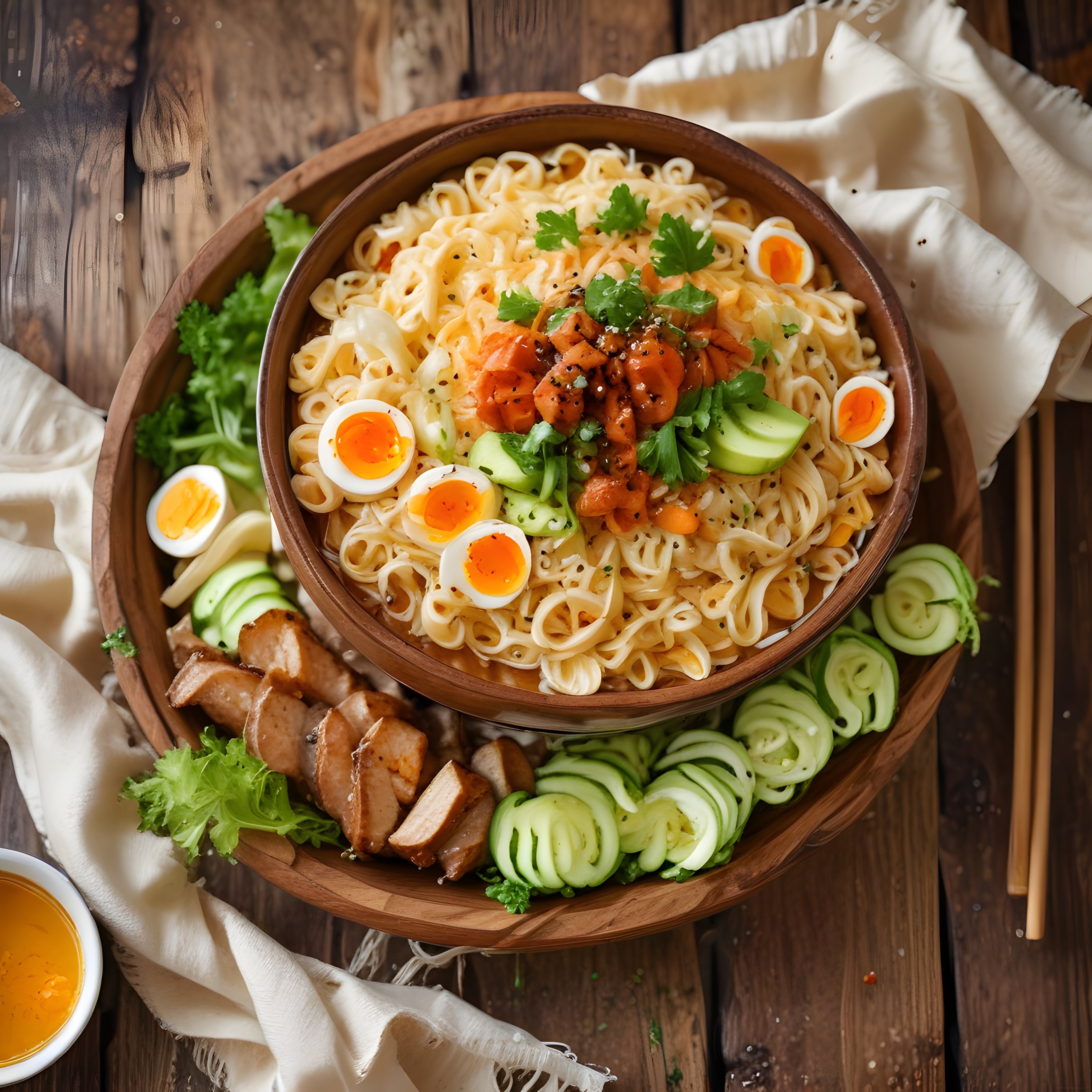 Tavuklu Yumurtalı Noodle Kasesi: Rustik Ahşap Masada Asya Esintisi