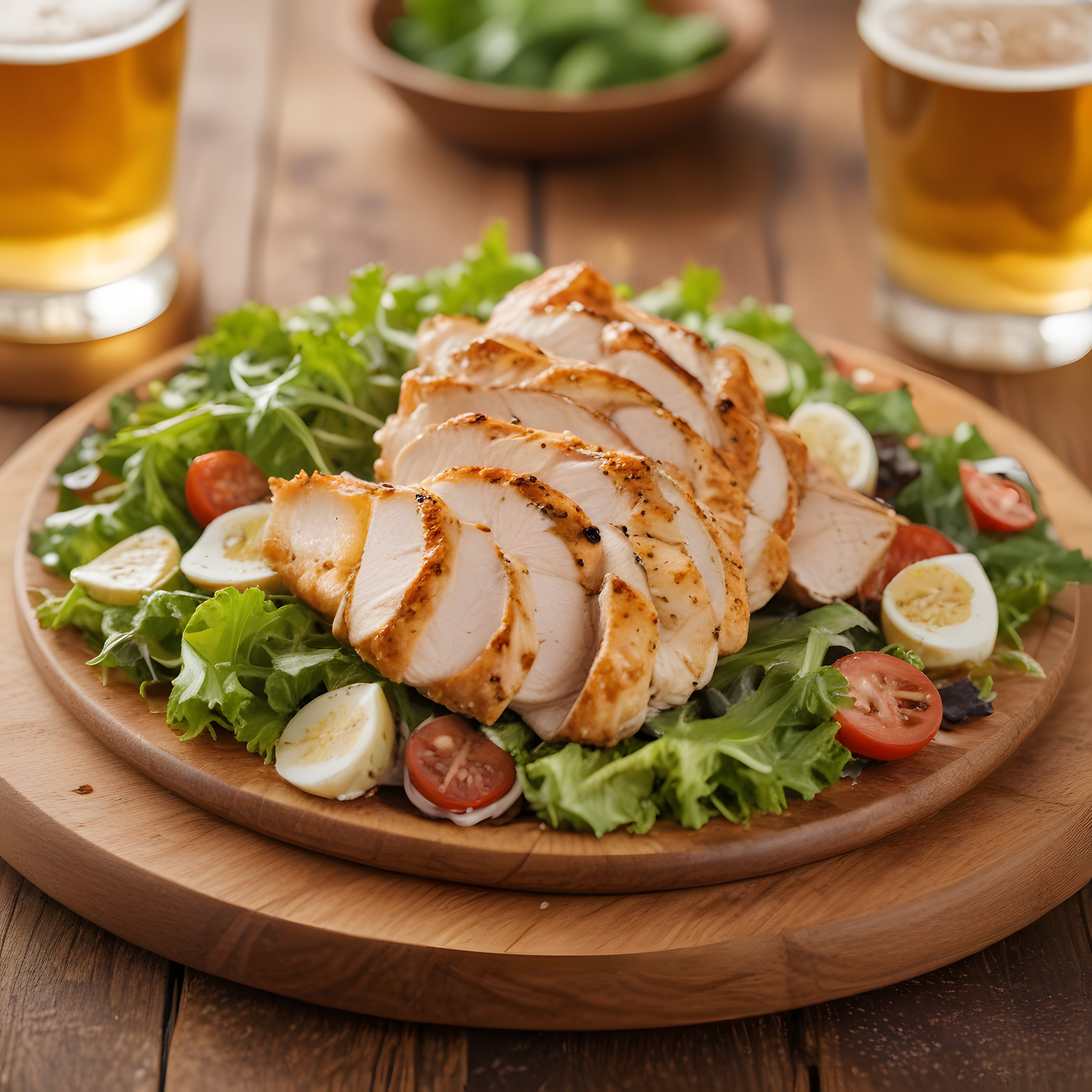 Tavuklu Yumurtalı Taze Salata ve Bira Eşliğinde Lezzetli Sunum