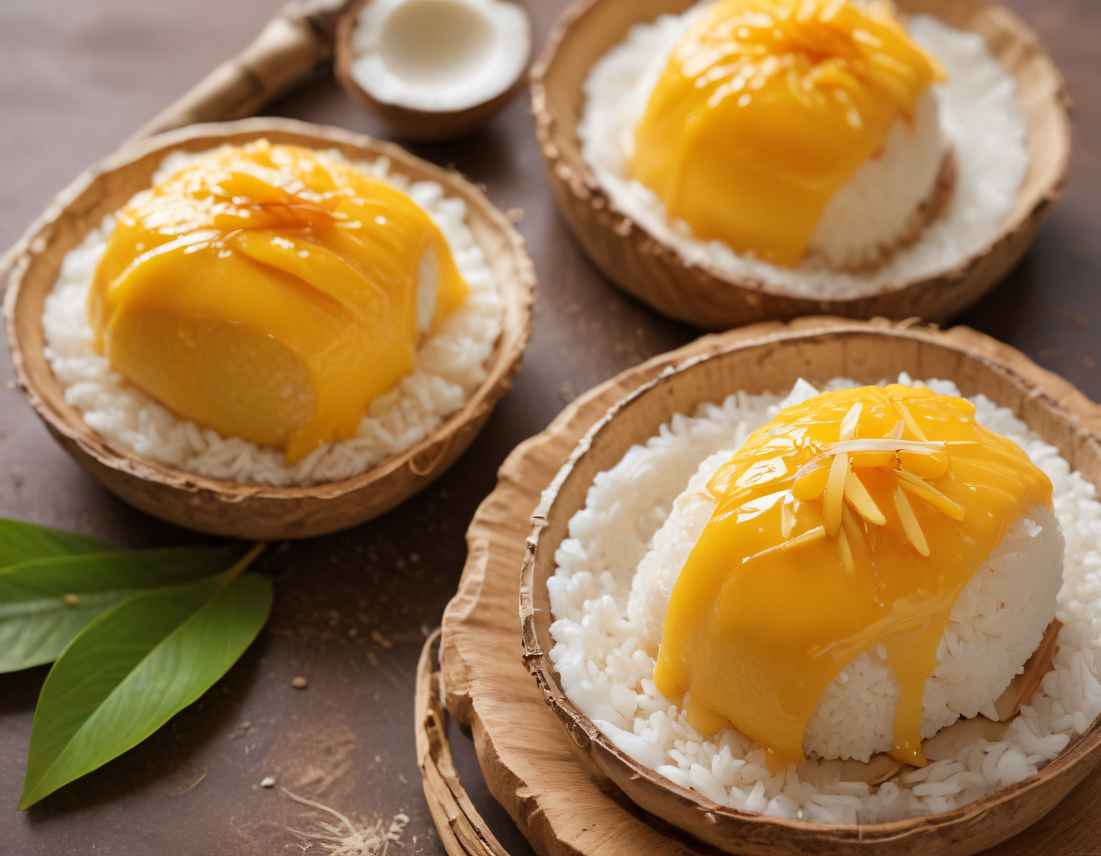 Tayland'ın Meşhur Mango Sticky Rice Tatlısı ve Hindistan Cevizi Kabuğu Sunumu