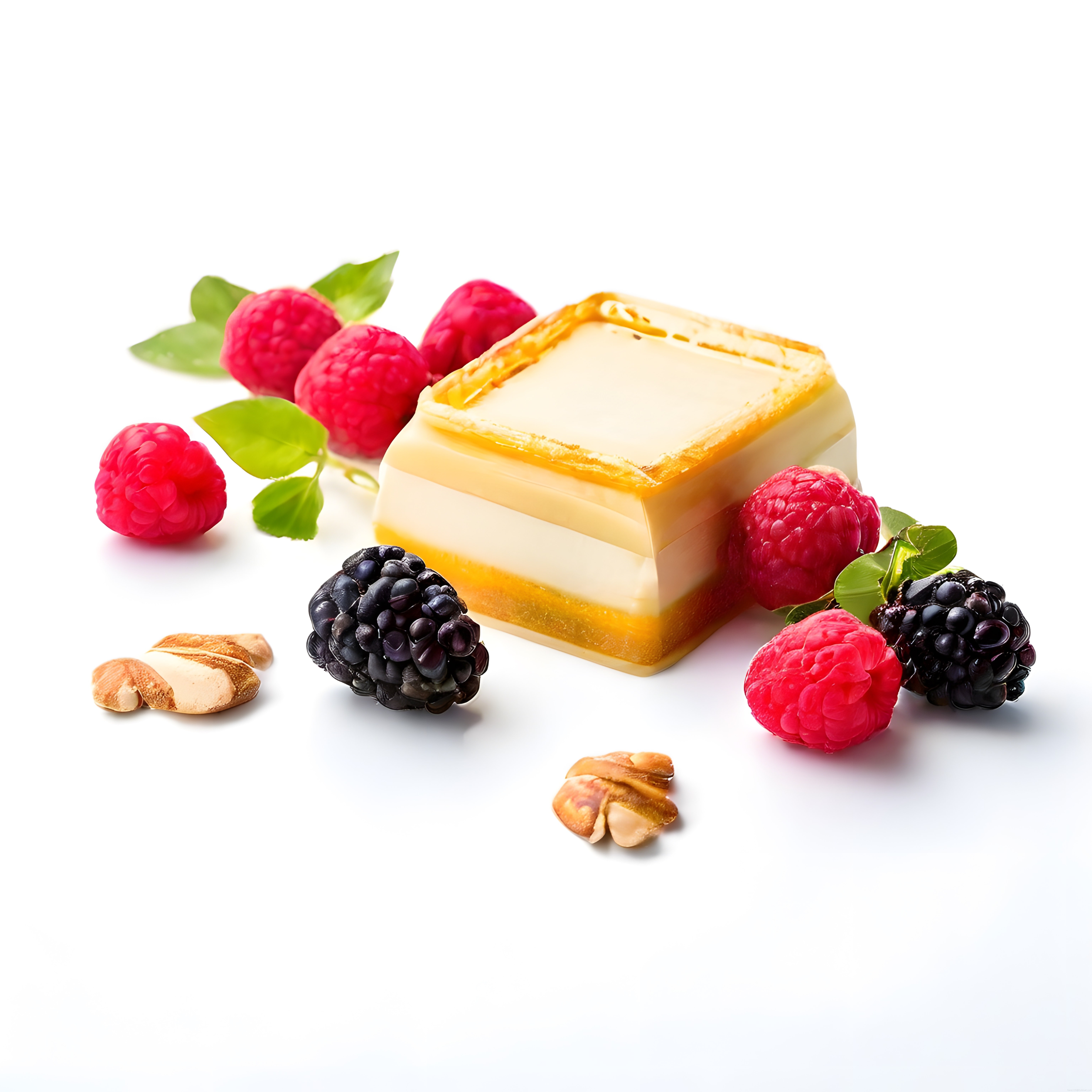 Taze ahududu ve böğürtlen ile süslenmiş ıslak tabanlı cheesecake dilimi