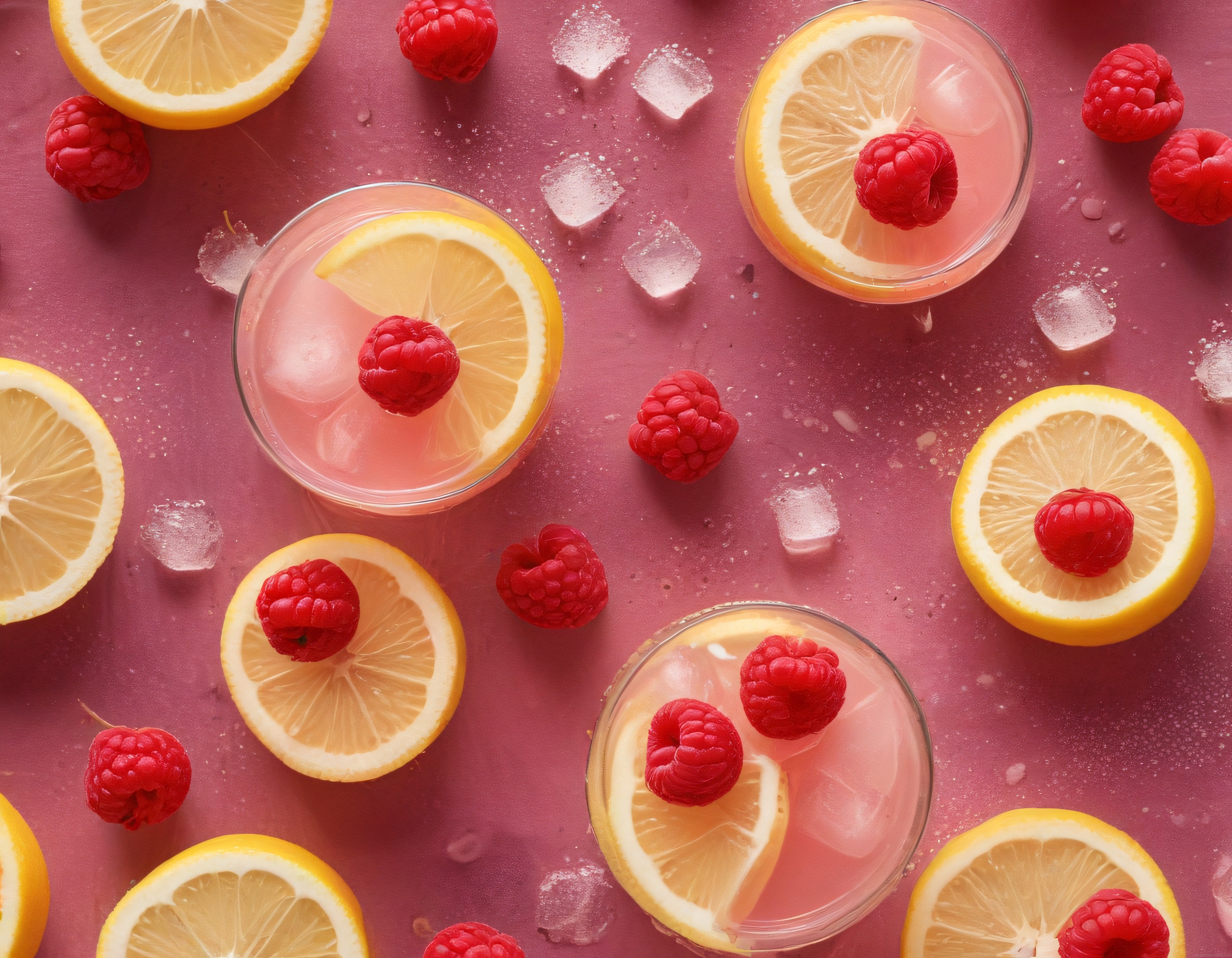 Taze Ahududu ve Limon Dilimleriyle Süslenmiş Serinletici Yaz İçeceği Flat Lay
