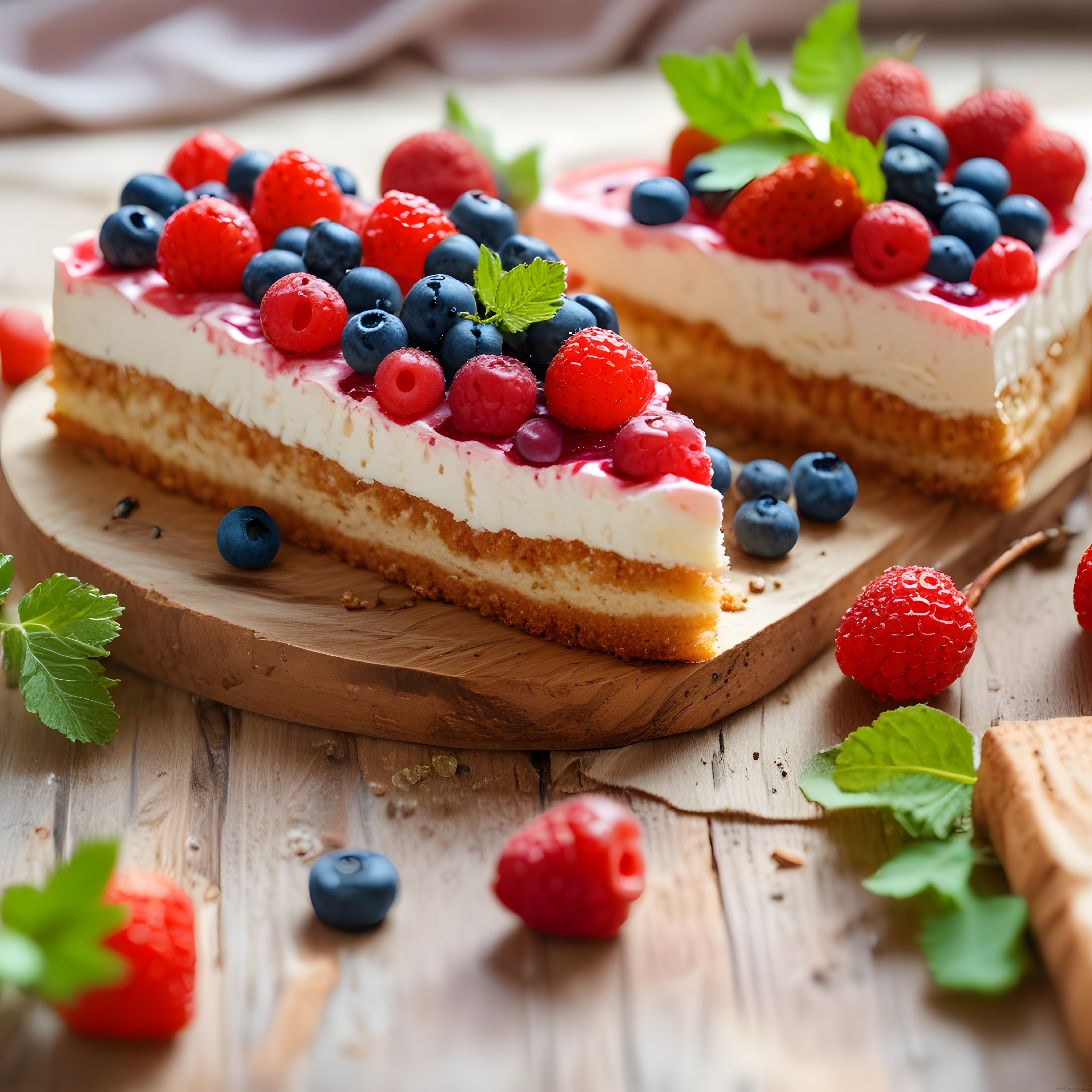 Taze Ahududu ve Yaban Mersiniyle Süslenmiş Kremalı Cheesecake Dilimleri
