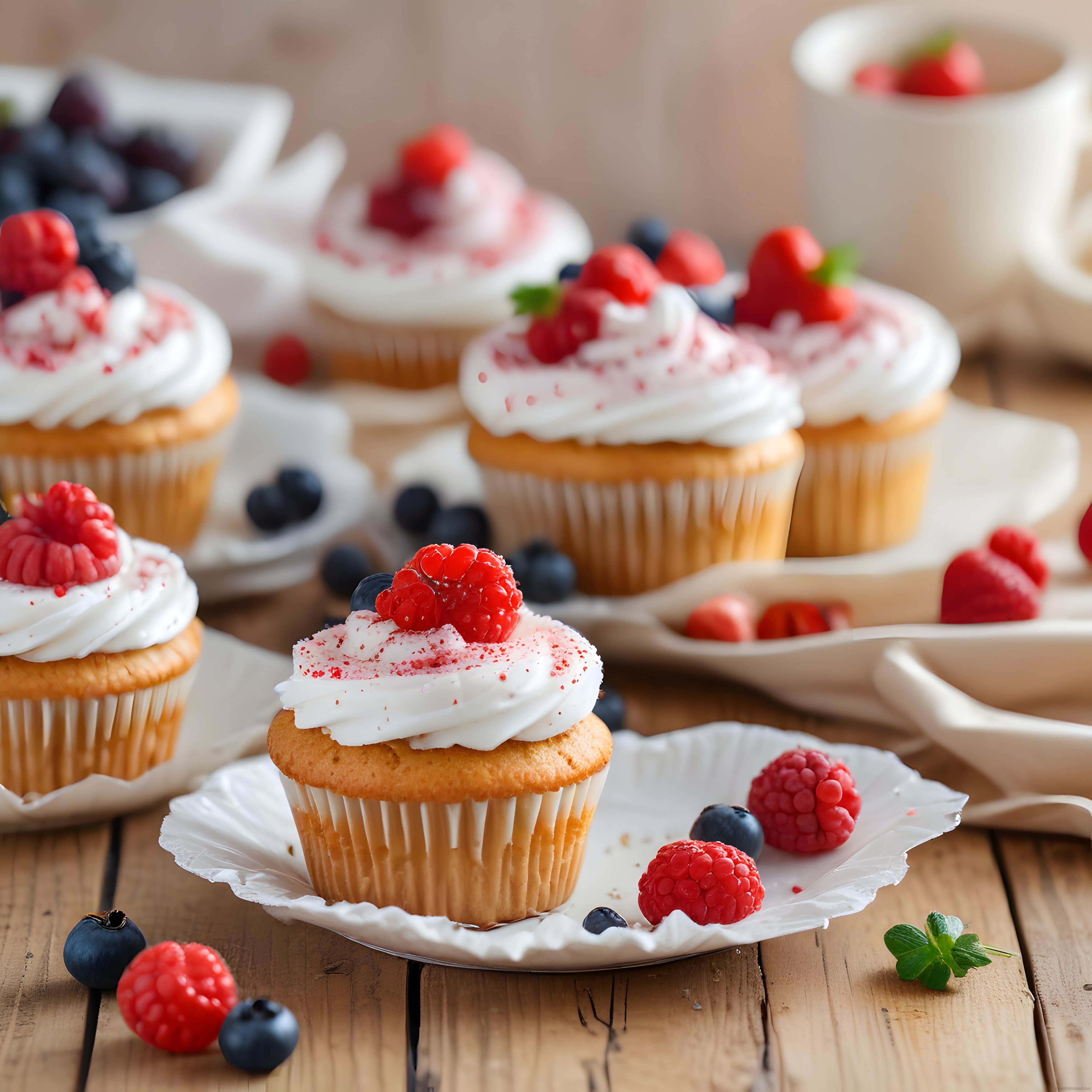 Taze Ahududu ve Yaban Mersinli Kremalı Cupcake'lerle Rustik Tatlı Sunumu