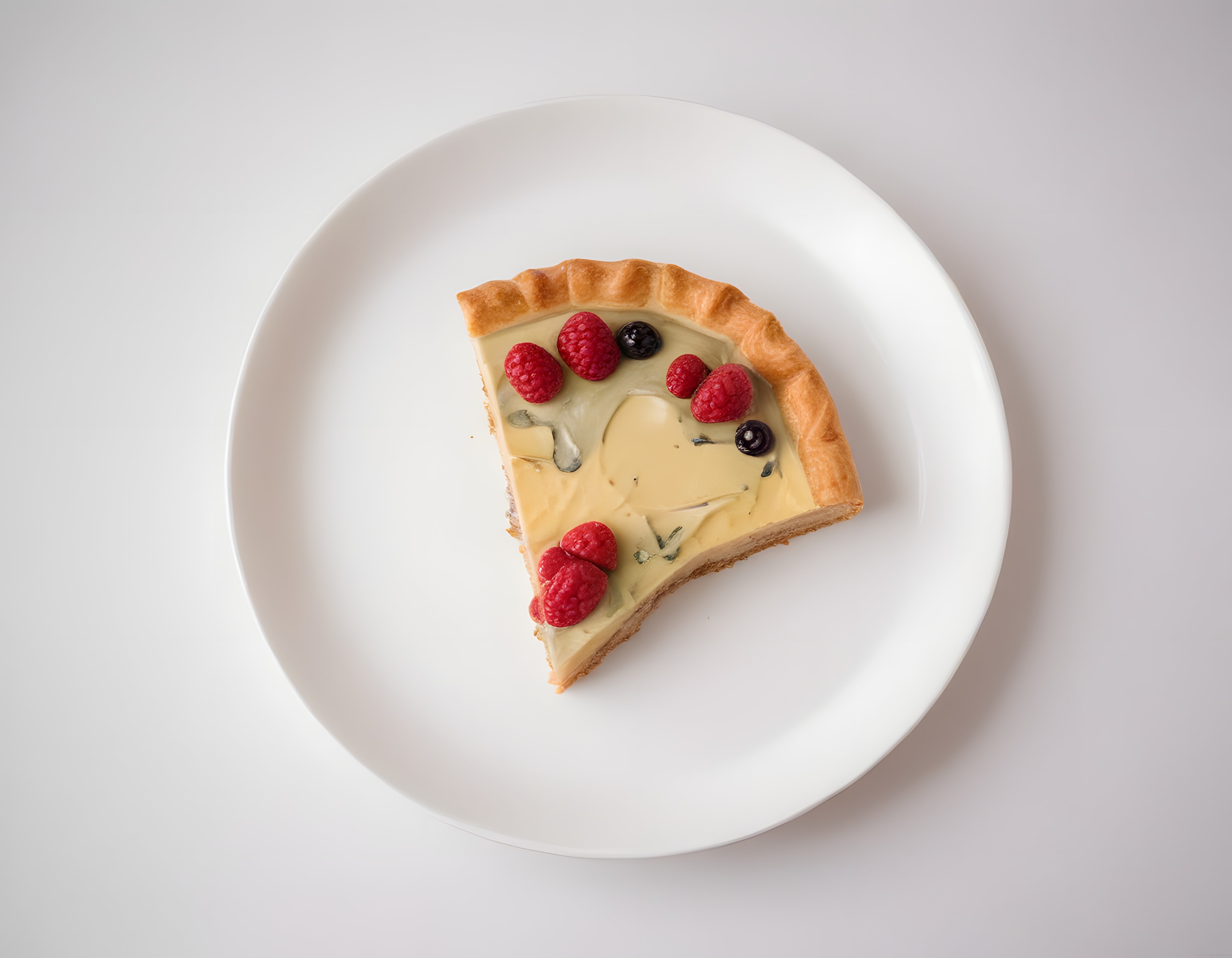 Taze Ahududu ve Yaban Mersinli Kremalı Tart Dilimi Beyaz Seramik Tabakta