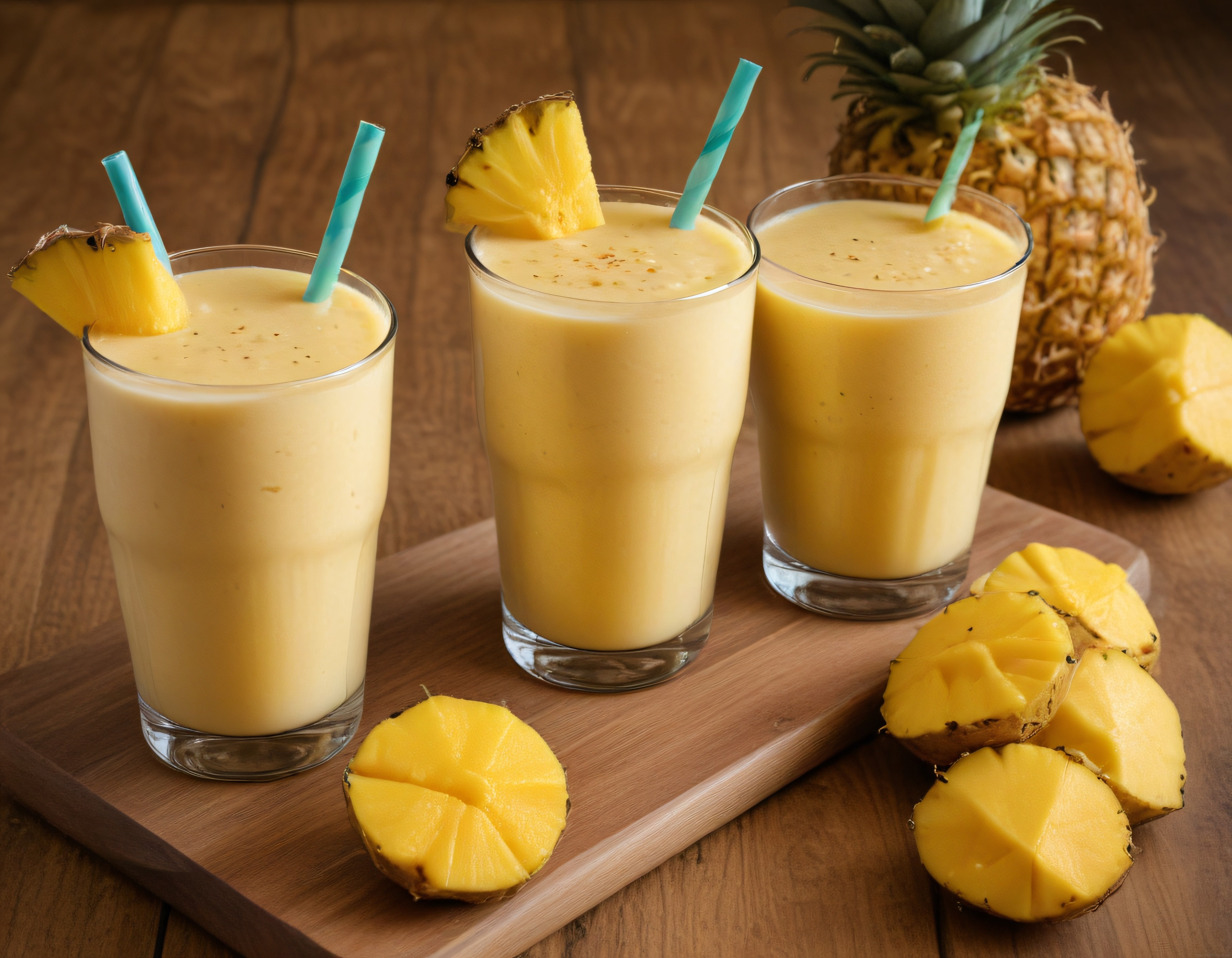 Taze Ananas Dilimleriyle Süslenmiş Ev Yapımı Tropikal Smoothie Tarifi