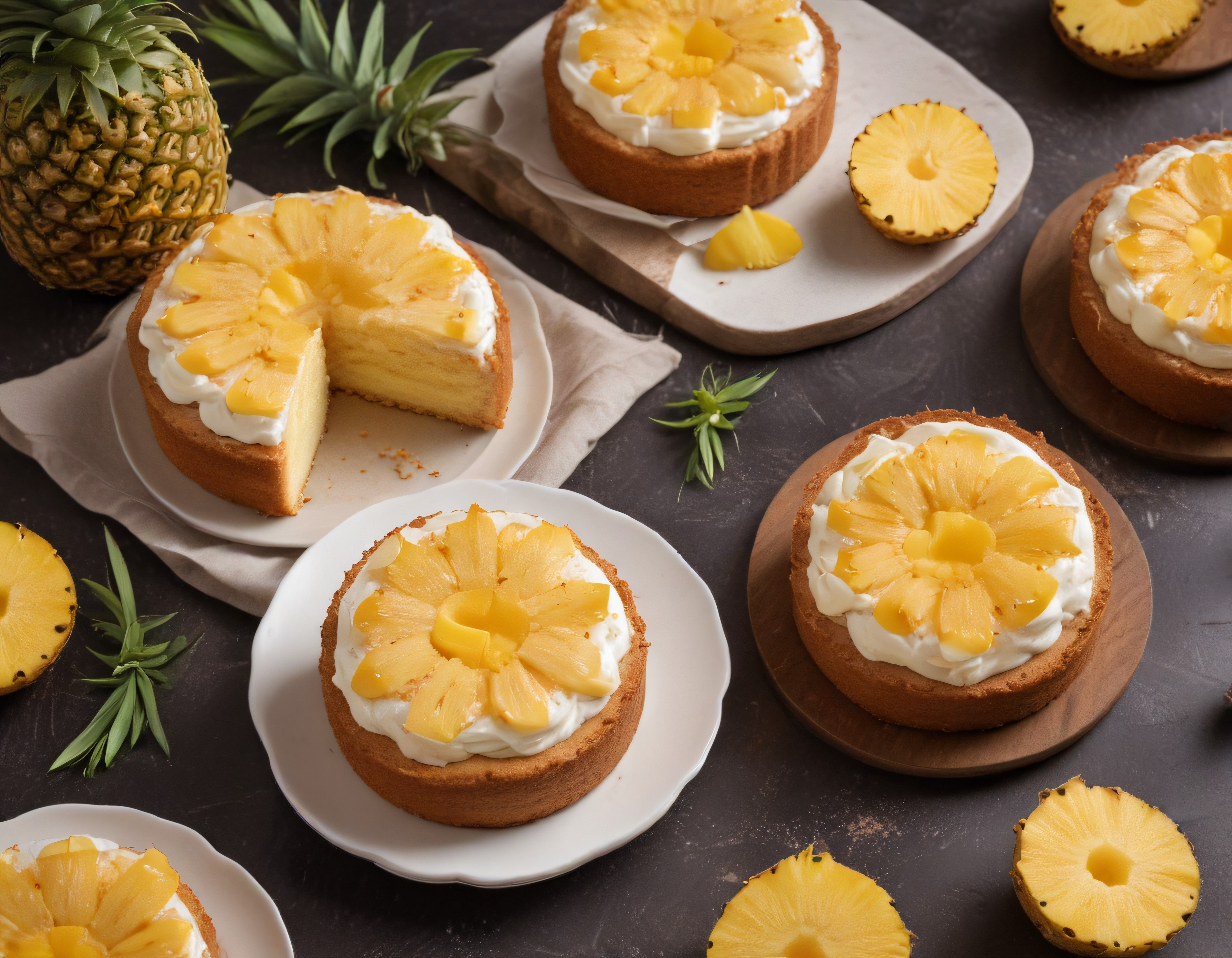 Taze Ananas Dilimleriyle Süslenmiş Kremalı Tart ve Pasta Sunumu