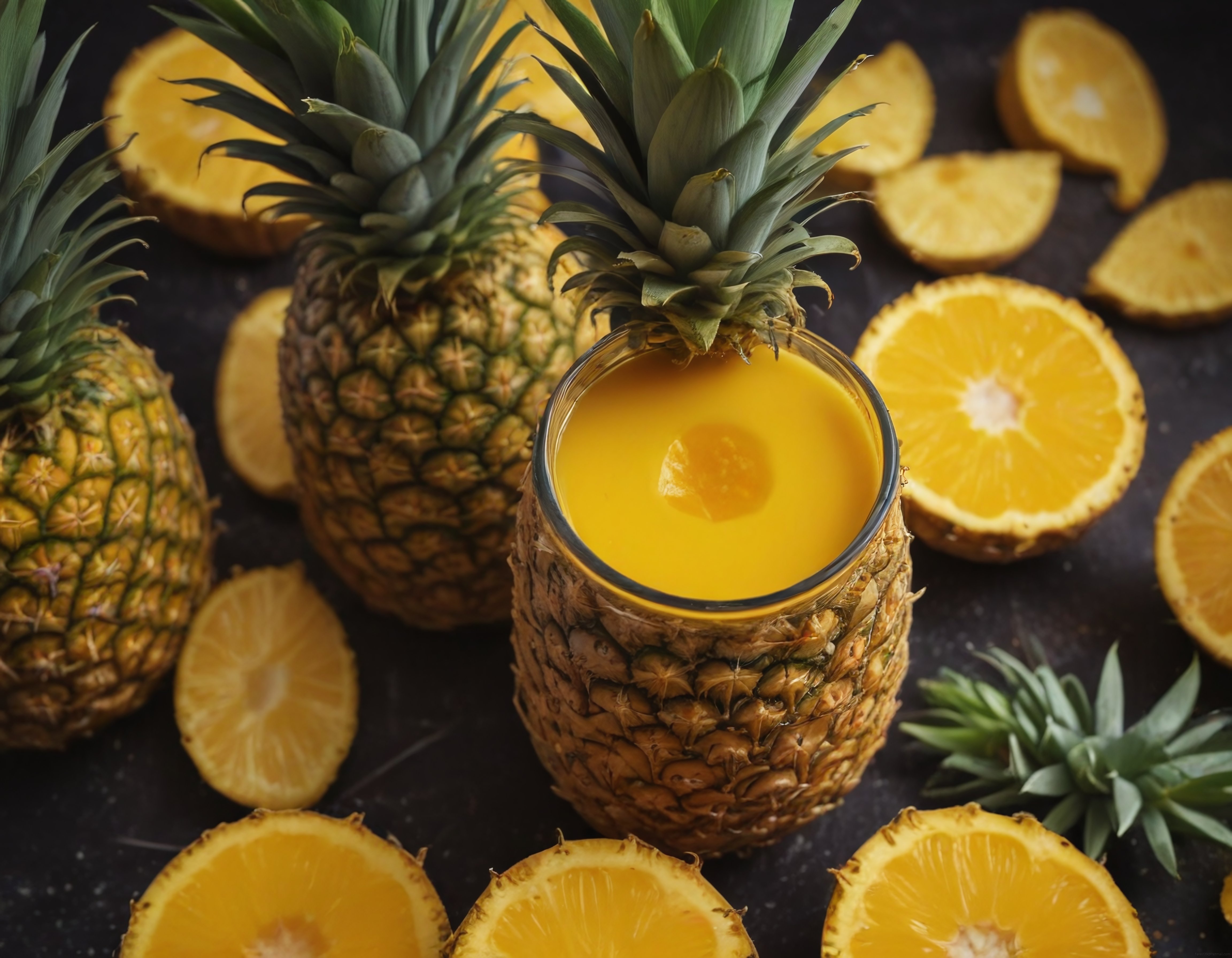 Taze Ananas Suyu ve Dilimlenmiş Ananaslarla Doğal İçecek Sunumu