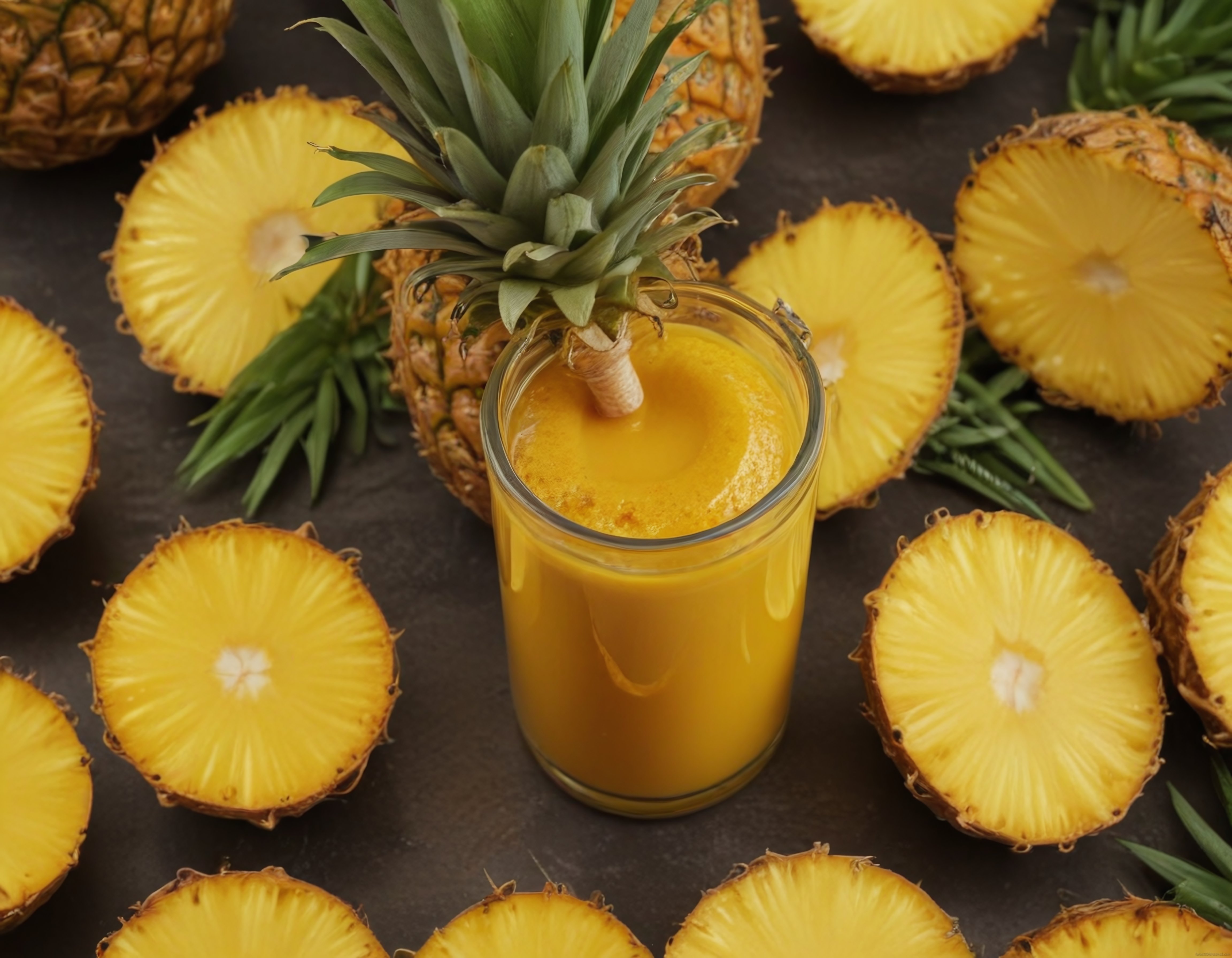 Taze Ananas Suyu, Zencefil ve Dilimlenmiş Ananaslarla Sağlıklı Sunum