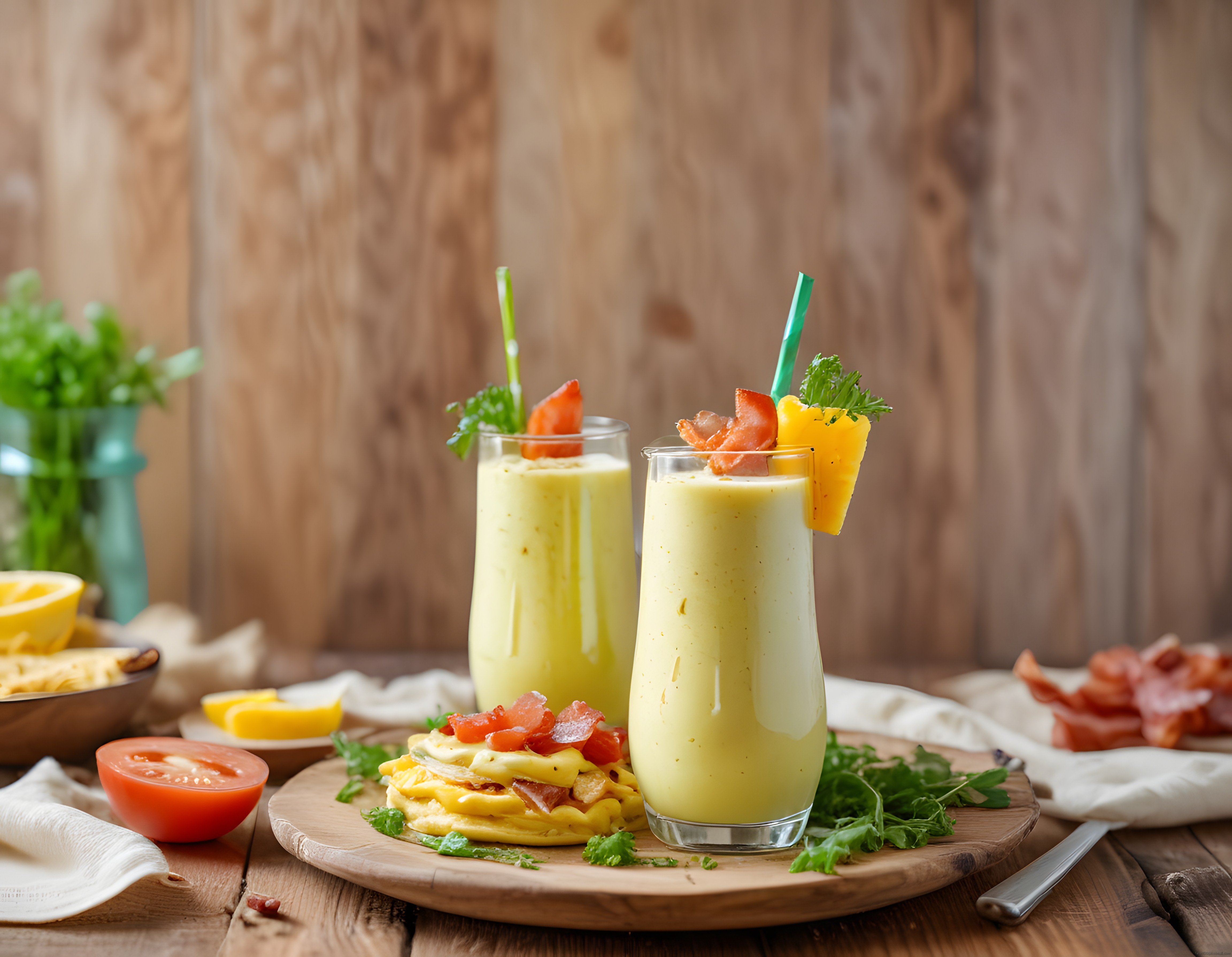 Taze Ananaslı Smoothie ve Baconlu Omlet ile Nefis Bir Kahvaltı Masası