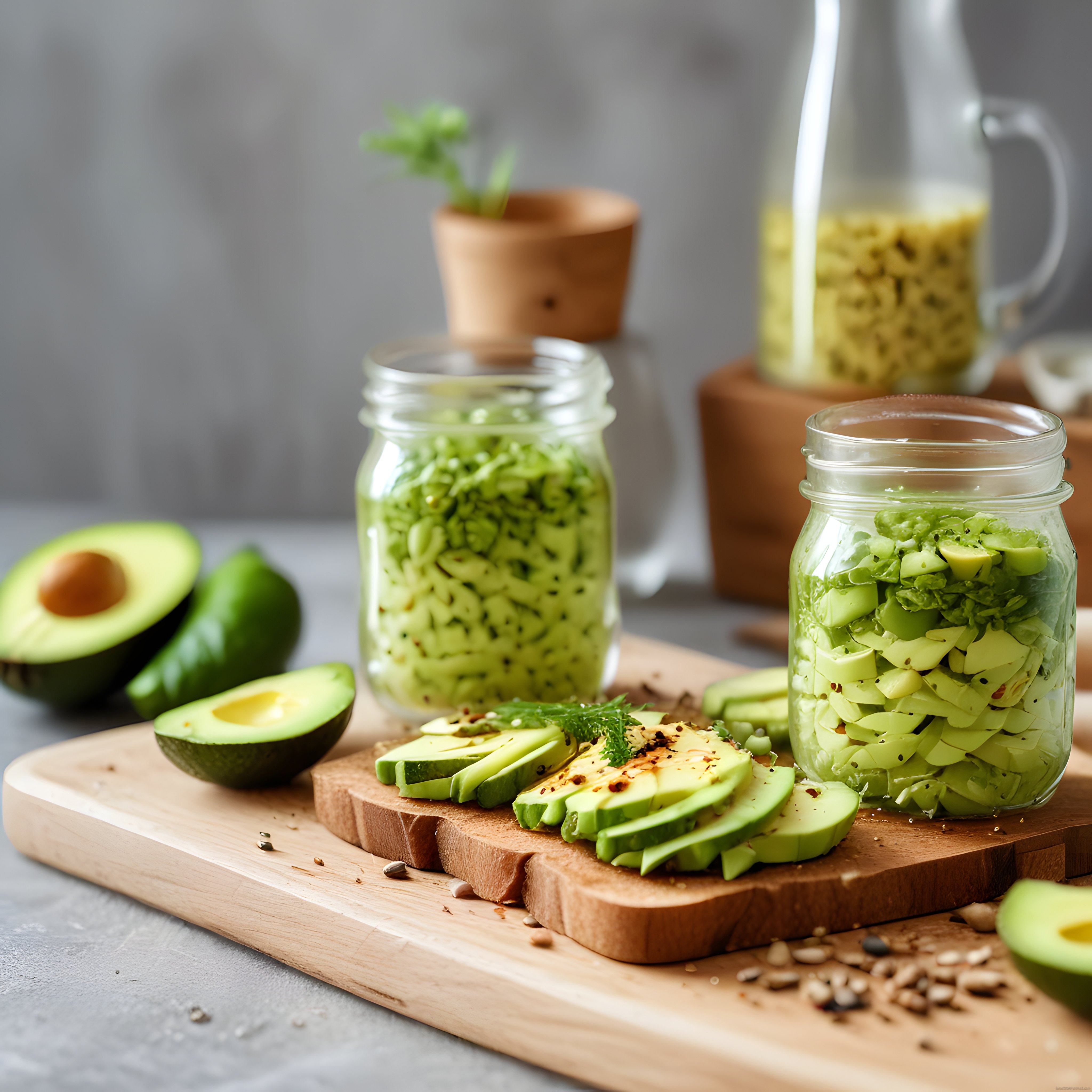 Taze Avokado Dilimleri ve Kavanozda Ev Yapımı Sağlıklı Salata, Rustik Sunum