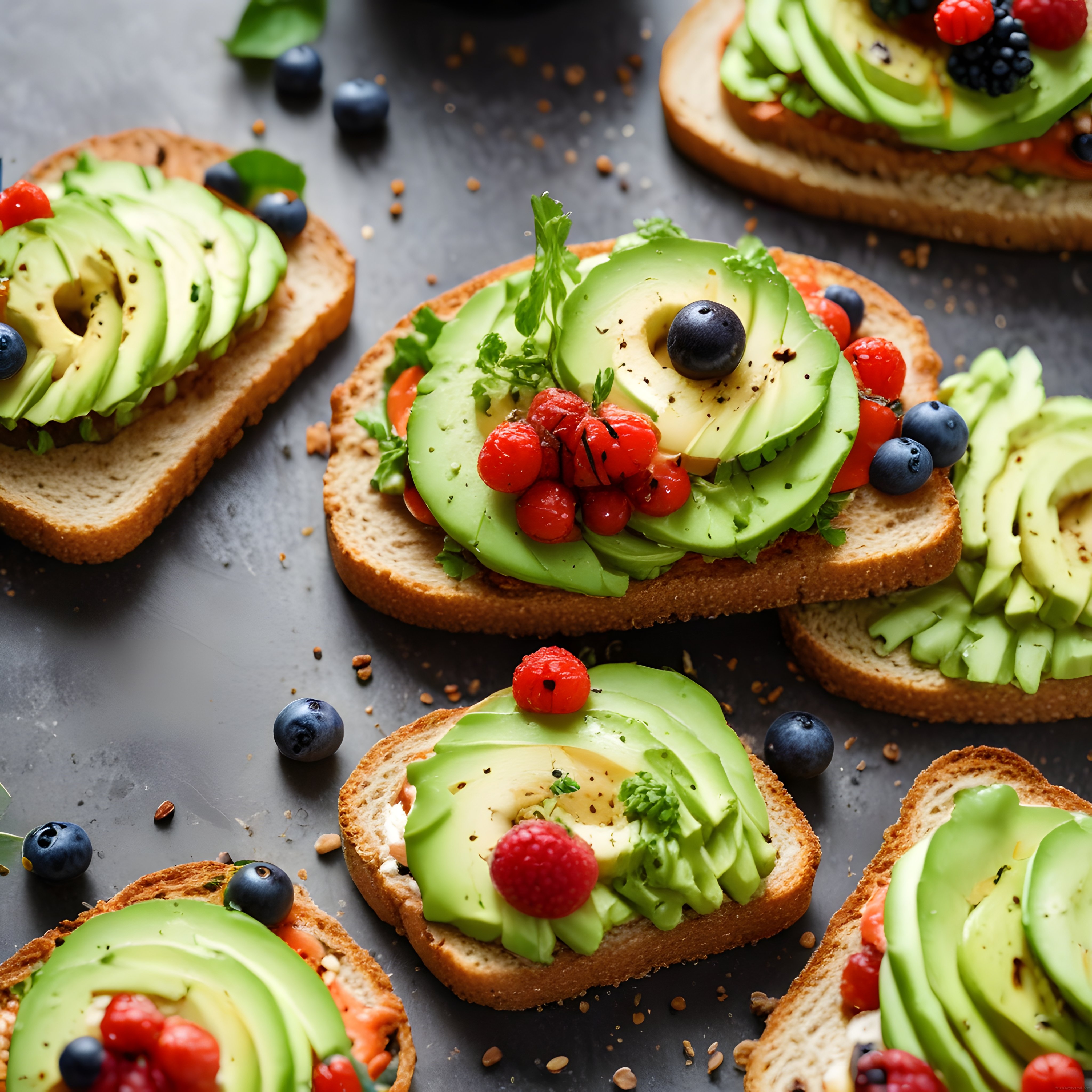 taze avokado dilimleri ve orman meyveleriyle süslenmiş sağlıklı tostlar
