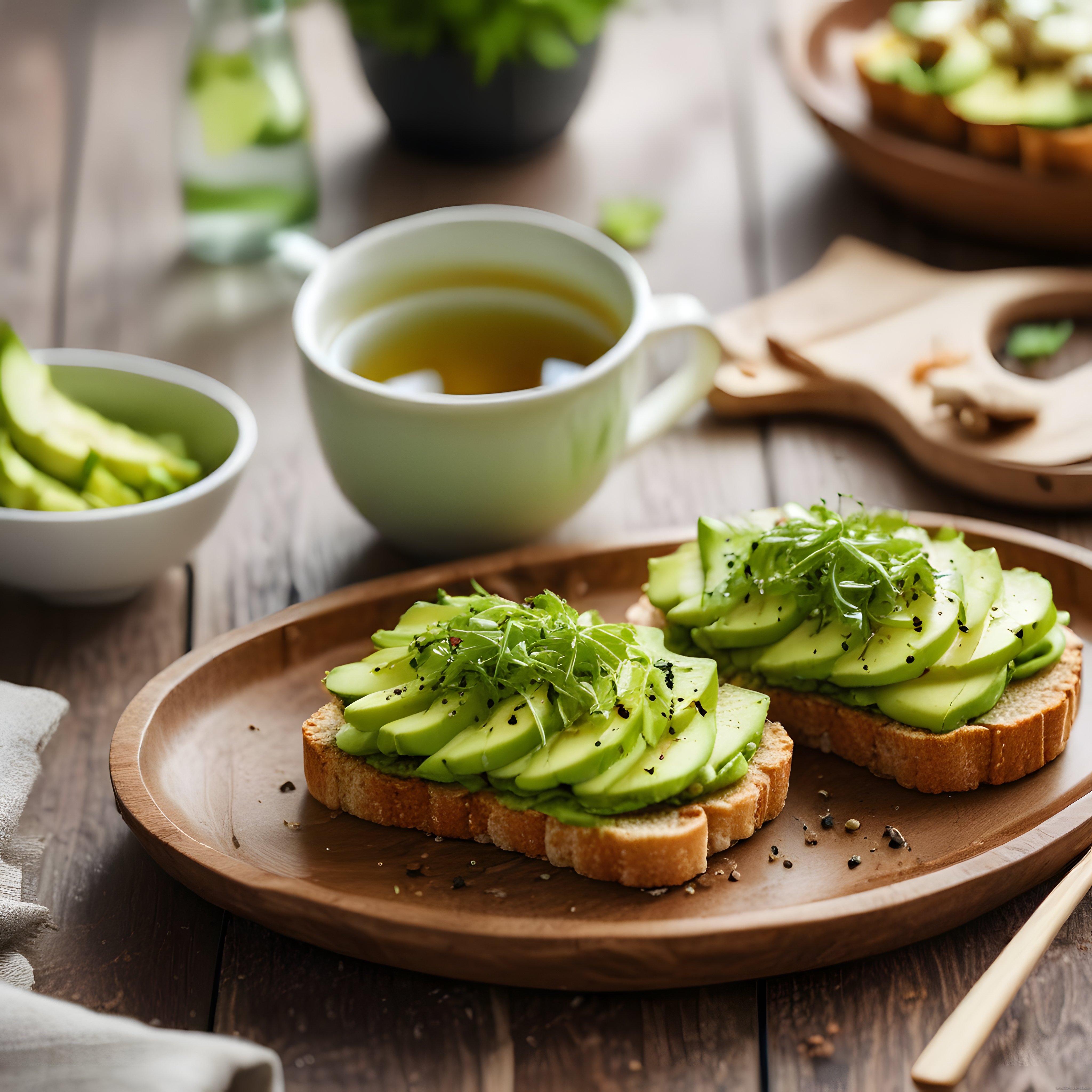 Taze Avokado Dilimli Ekmek ve Yeşil Çay ile Rustik Kahvaltı Sunumu
