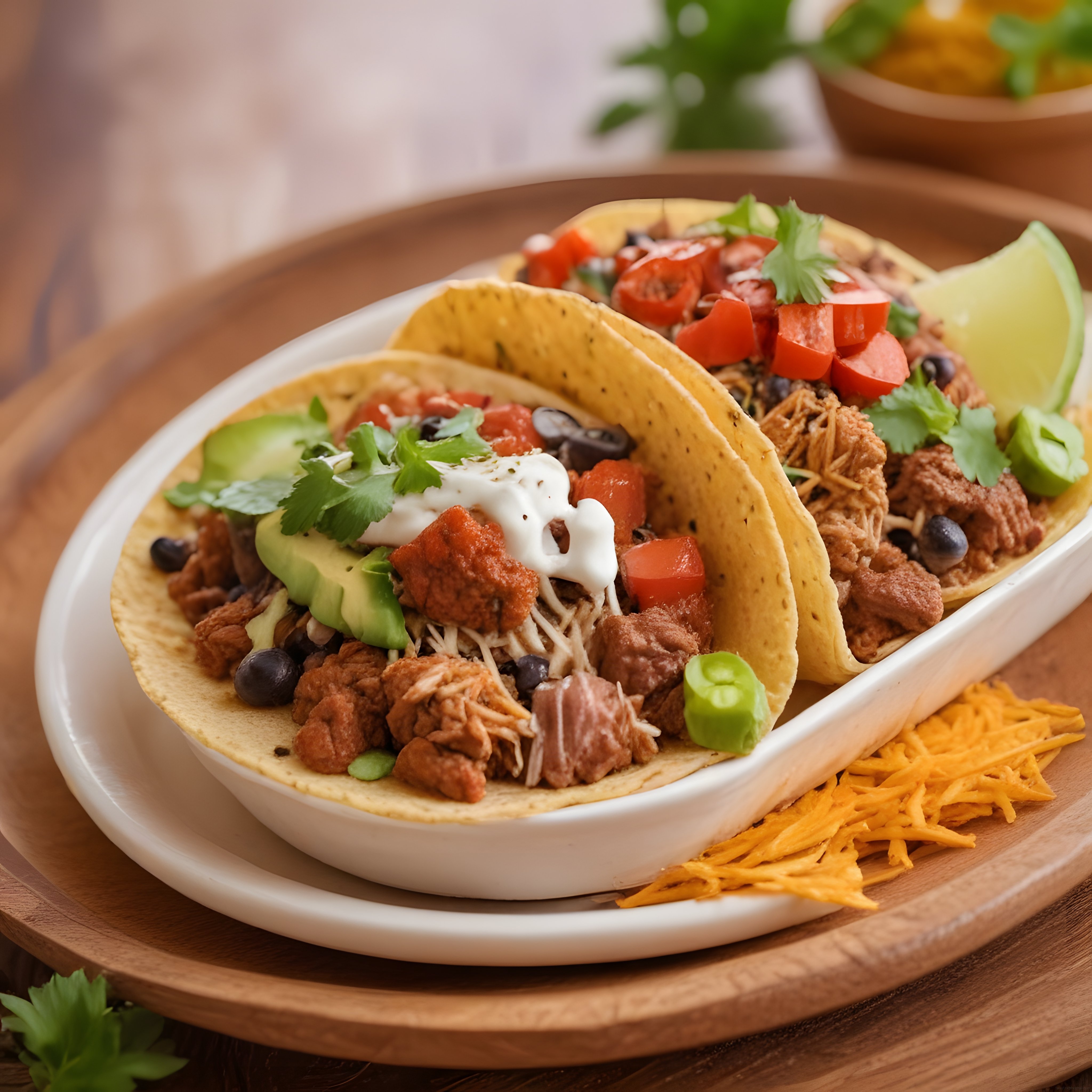 Taze avokado domates ve krema ile hazırlanmış enfes ev yapımı tacos servisi