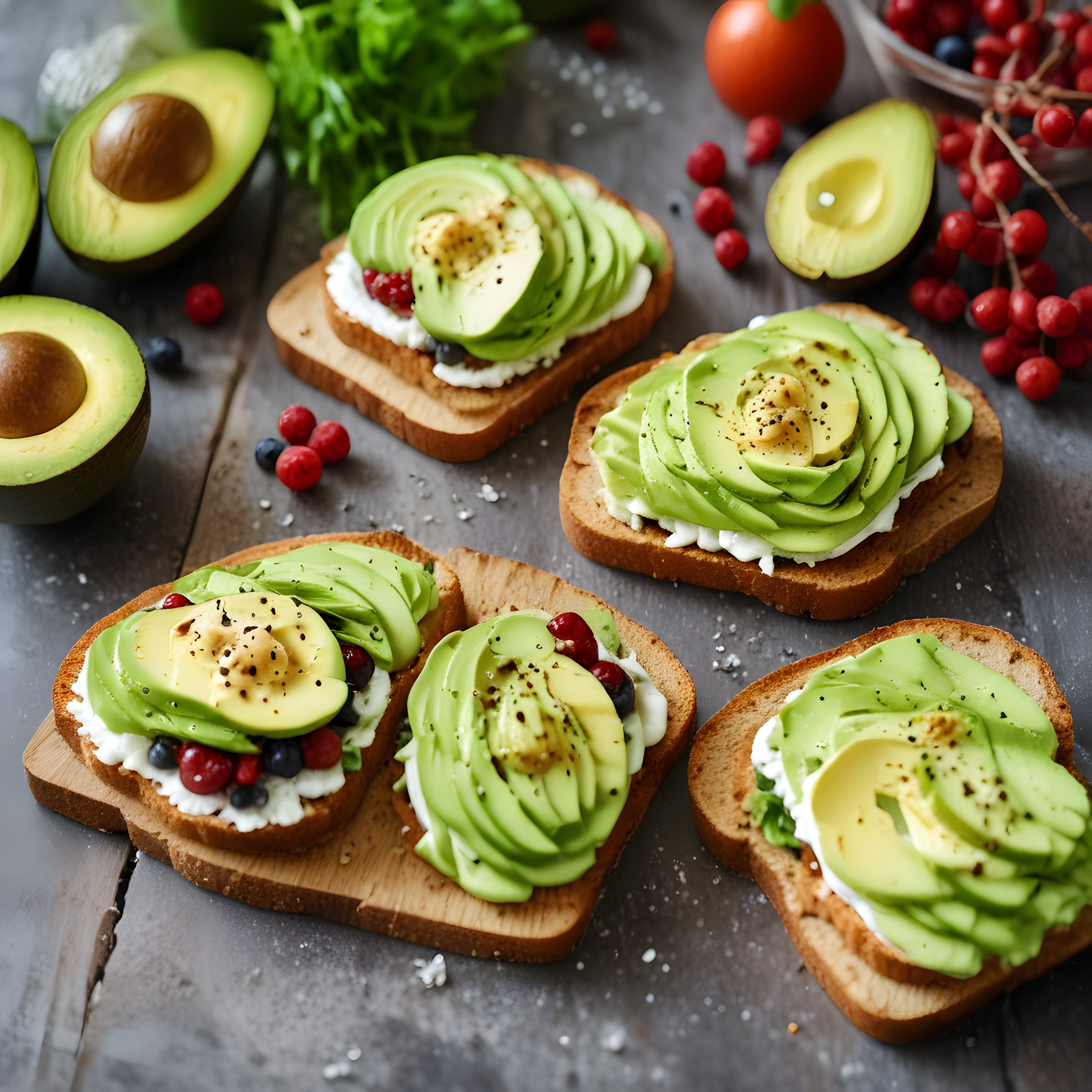 taze avokado gülü süslemeli kahvaltılık tostlar ve doğal malzemeler