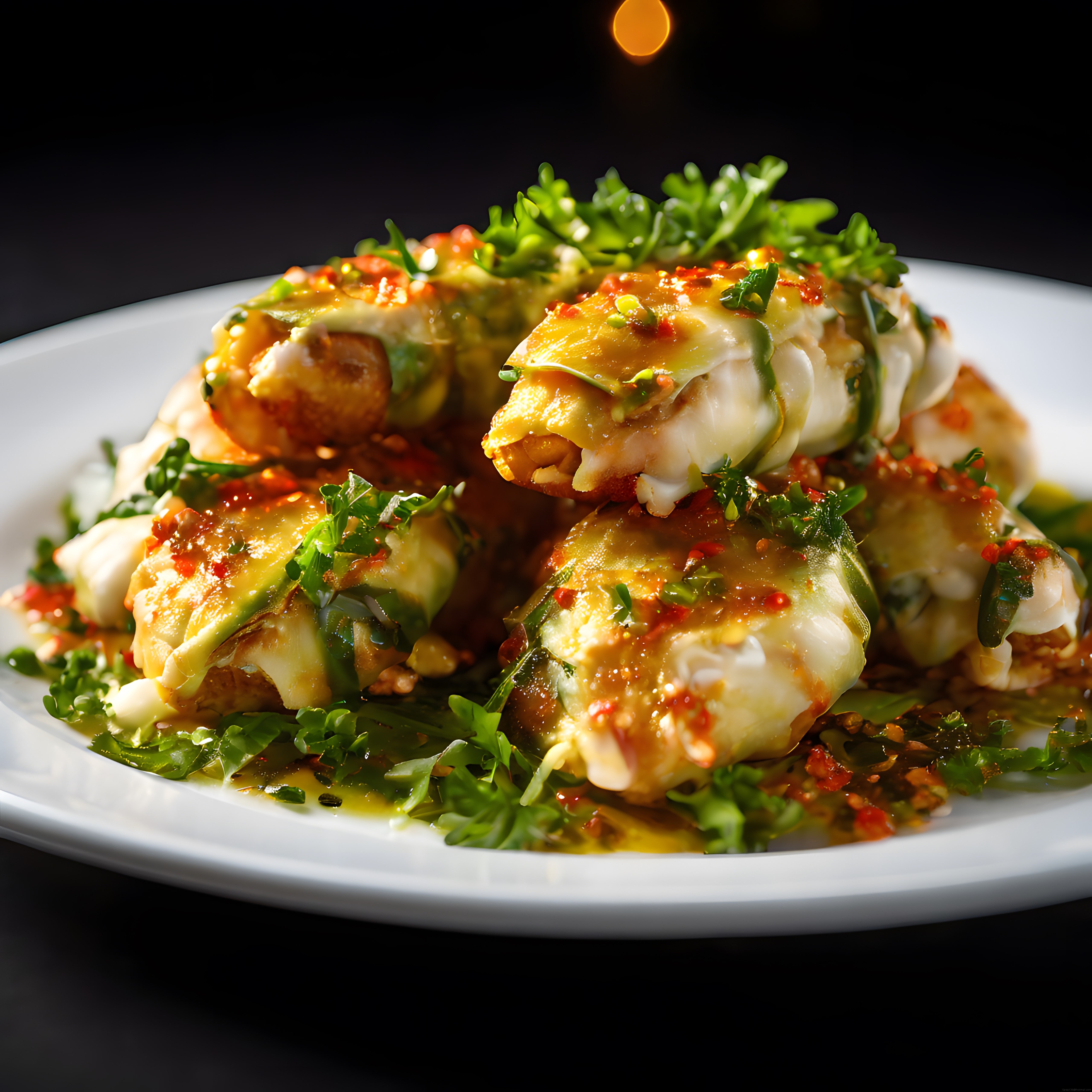 Taze avokado ile sarılmış baharatlı karidesli rulo tacos şık tabak sunumu
