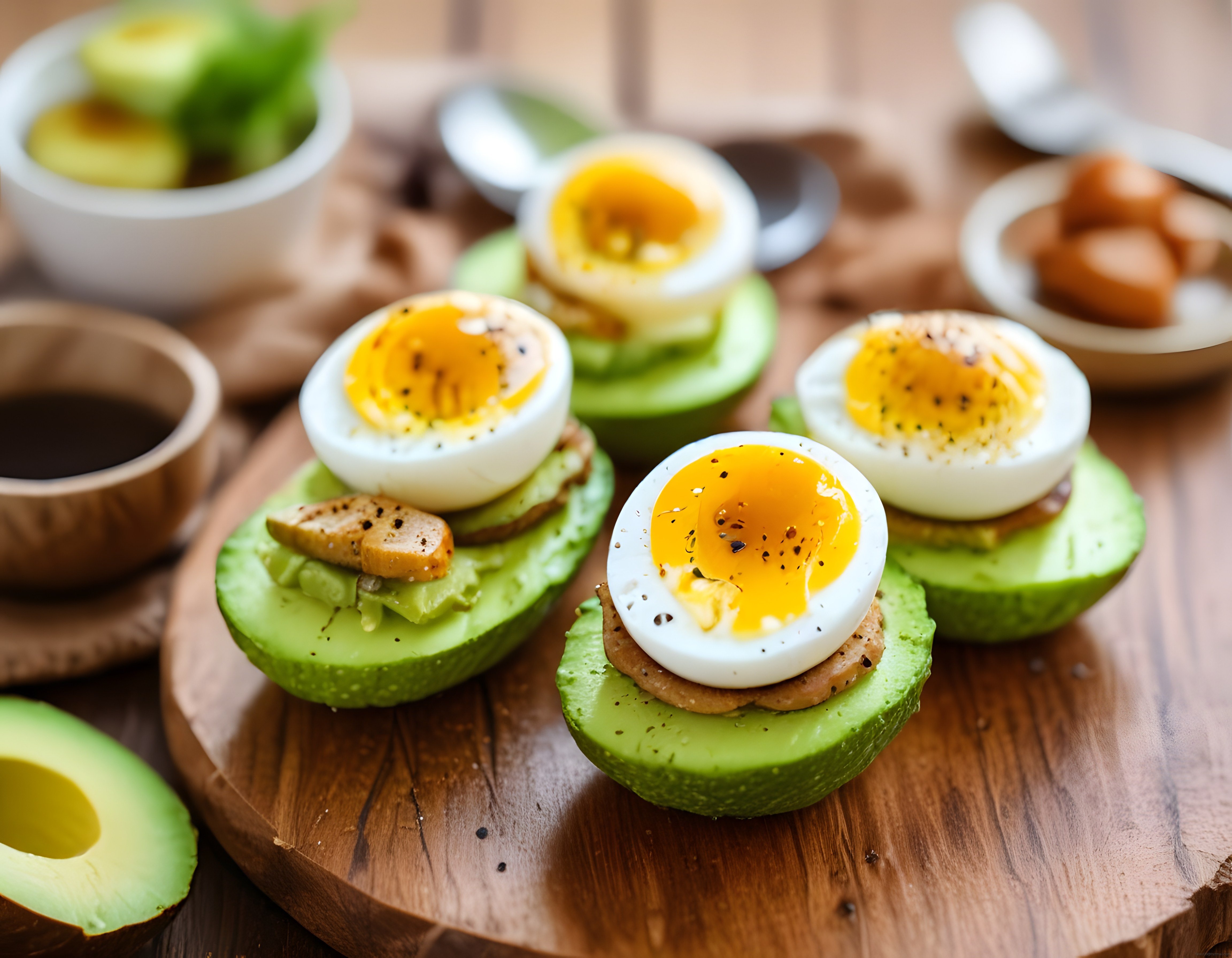 Taze Avokado Üzerinde Yumurta ve Baharatlı Etli Kahvaltı Tabağı