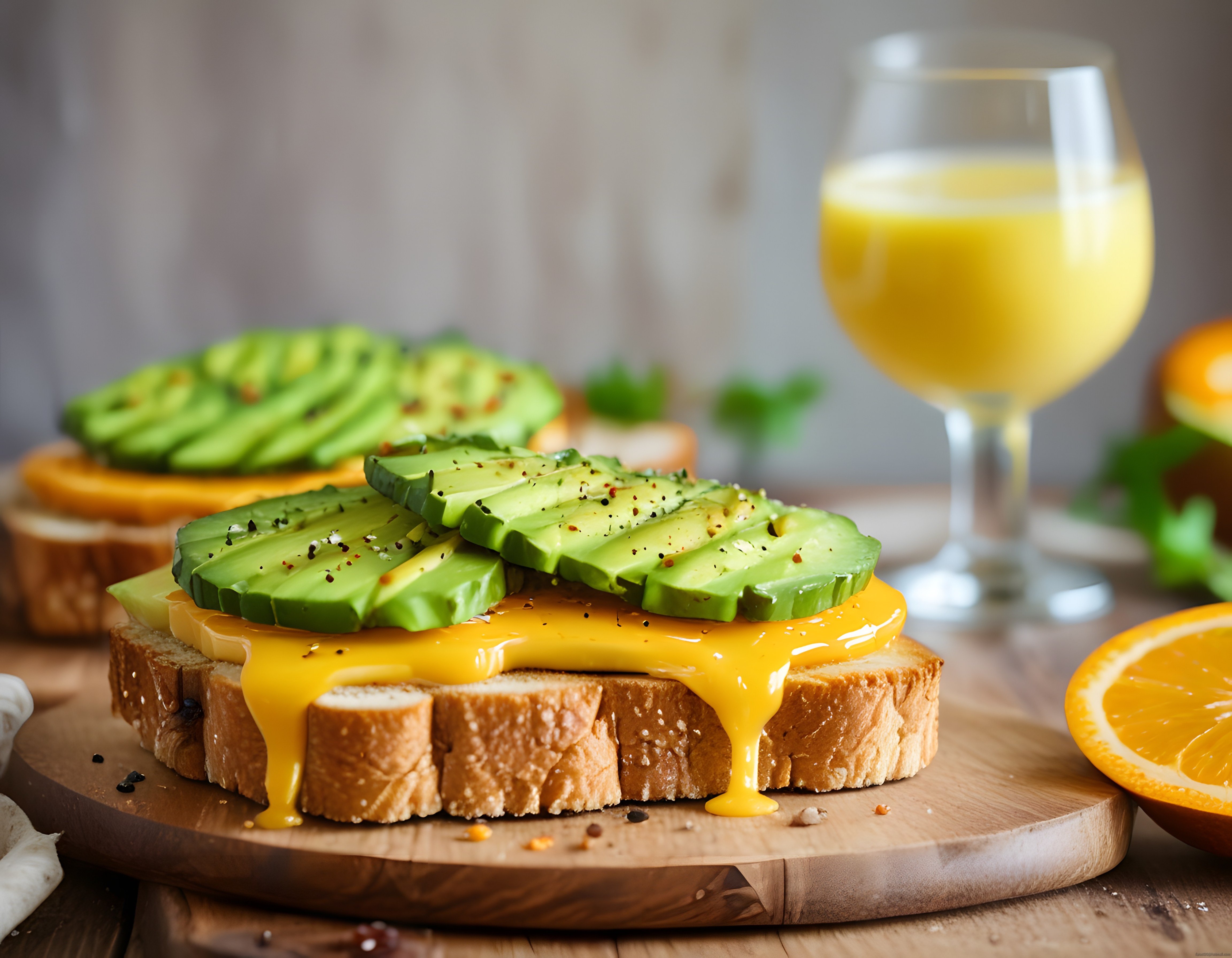 taze avokado ve akışkan peynirli tost eşliğinde portakal suyu ile kahvaltı keyfi