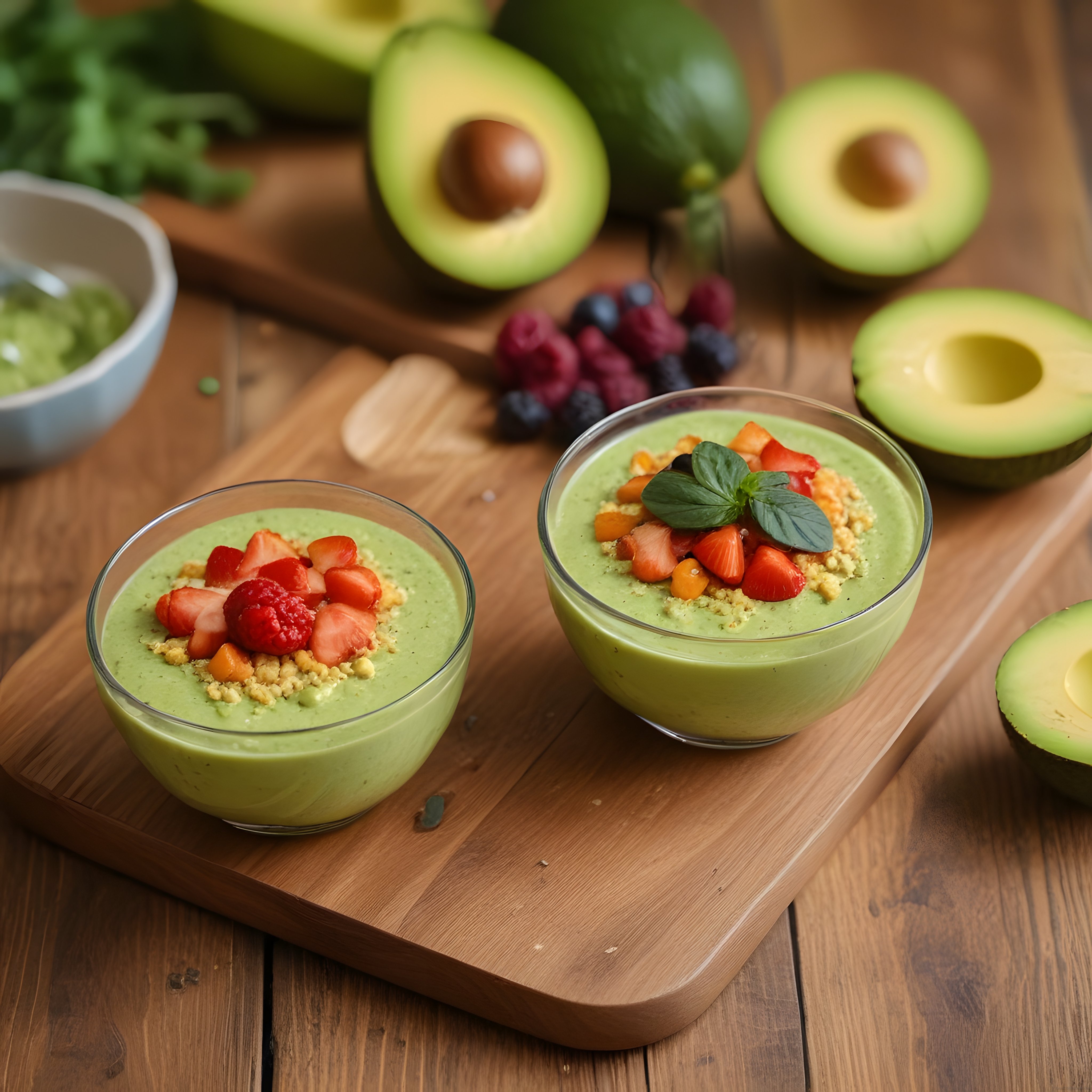 Taze Avokado ve Çilekli Sağlıklı Kahvaltı Smoothie Kaseleri