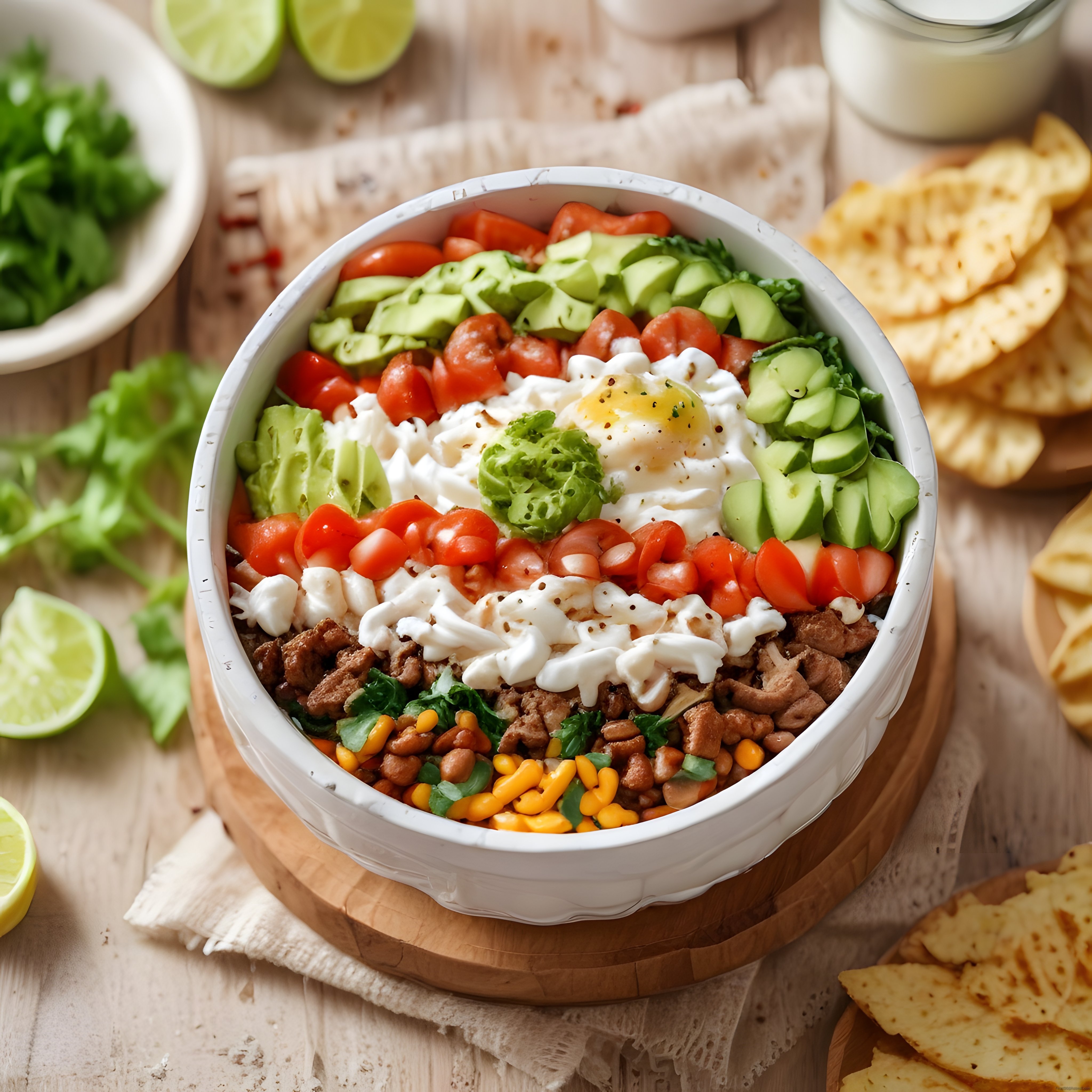 Taze Avokado ve Domatesli Meksika Usulü Renkli Burrito Bowl Sunumu