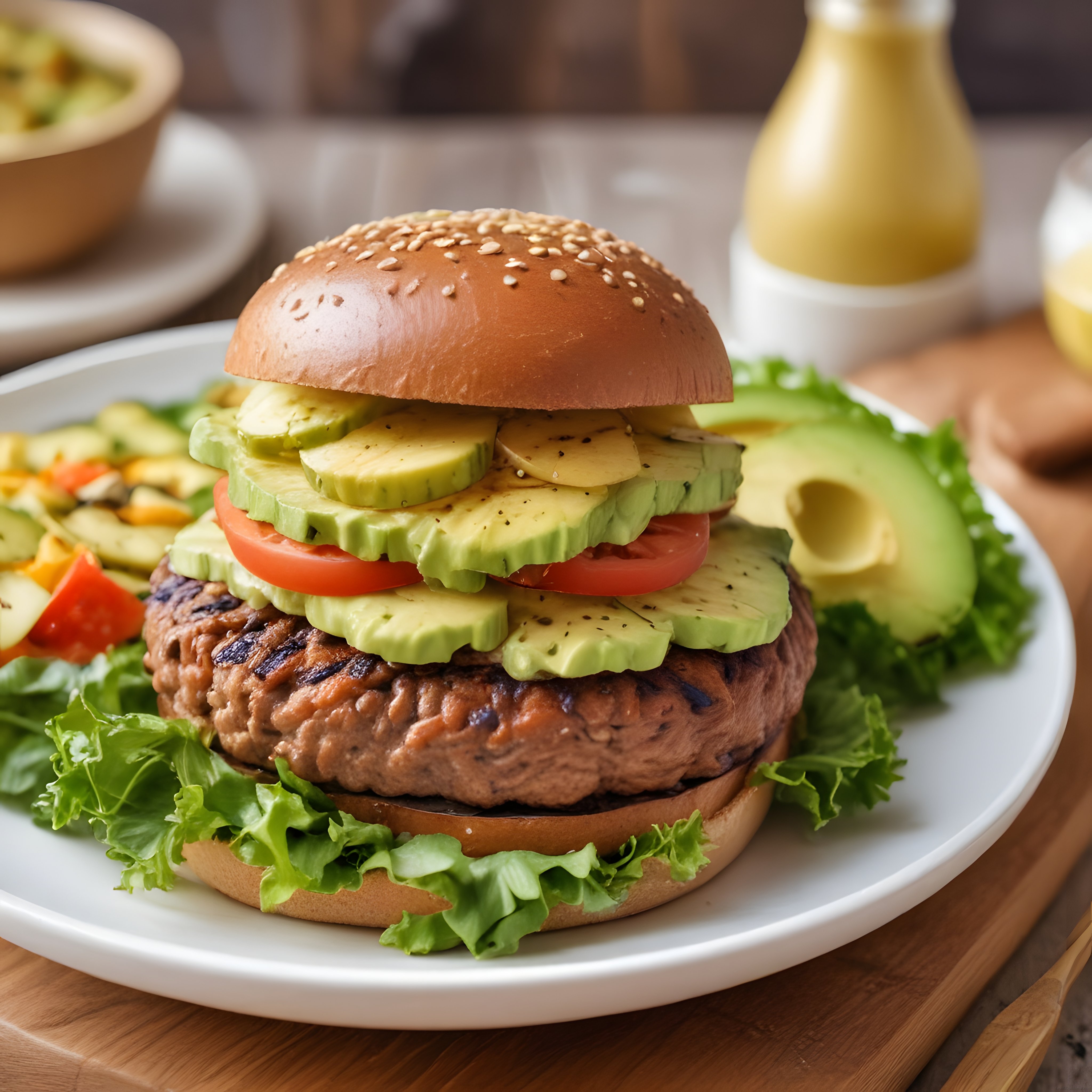 Taze Avokado ve Izgara Köfteli Ev Yapımı Gourmet Hamburger Tarifi Sunumu