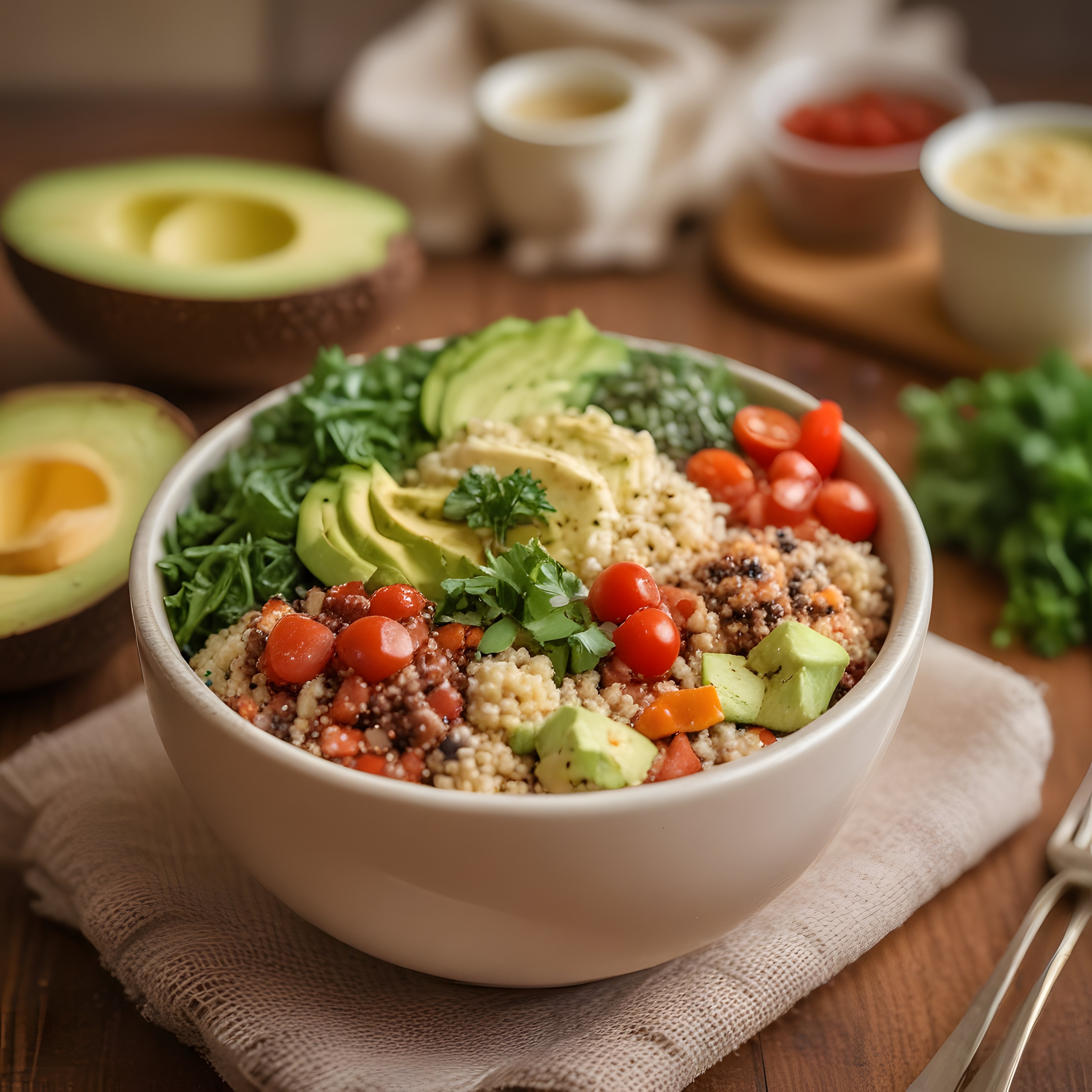 Taze avokado ve kinoa dolu renkli sağlıklı buddha bowl kasesi