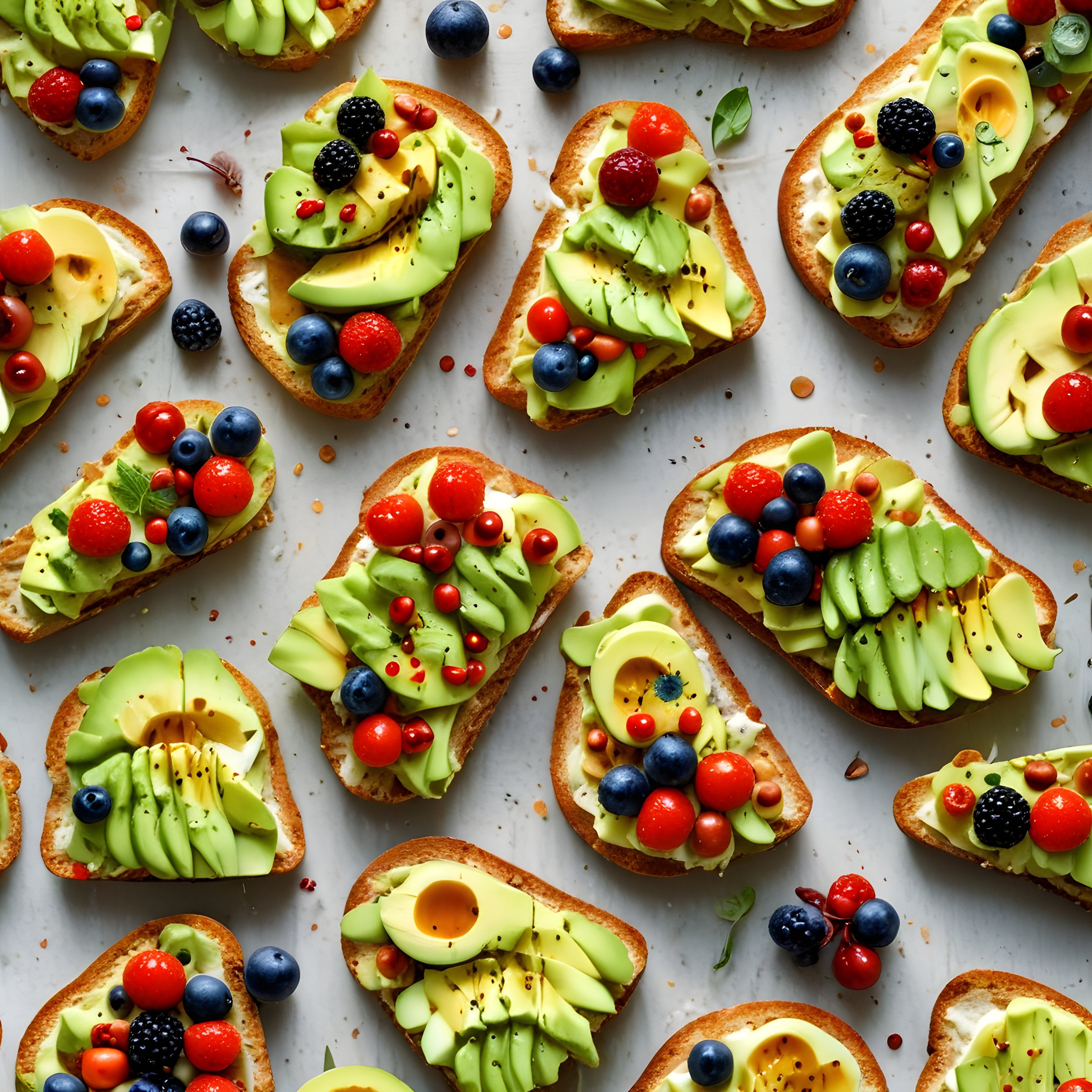 Taze avokado ve orman meyveleriyle süslenmiş rengarenk kahvaltı tostları