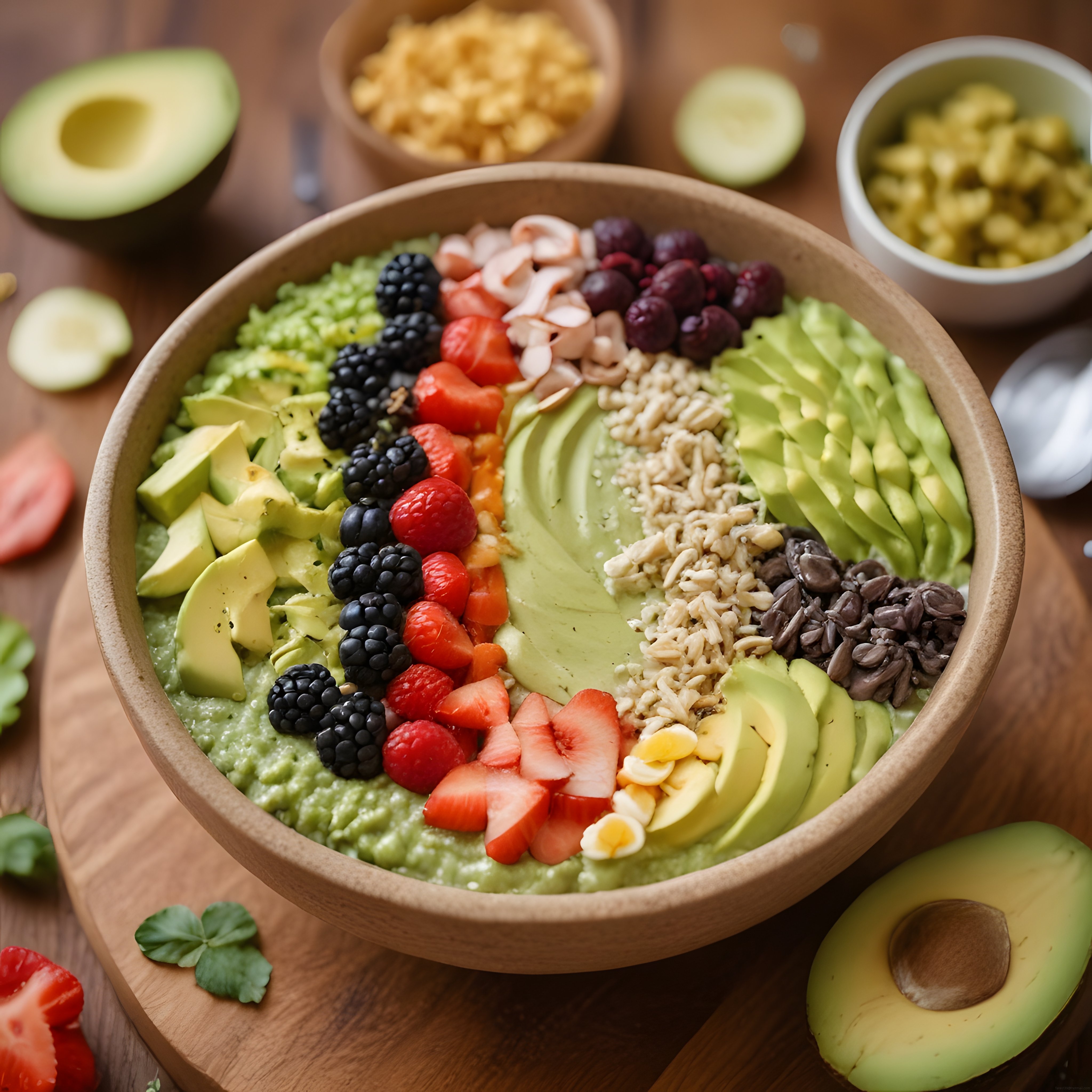 Taze avokado ve orman meyveli smoothie kasesi, sağlıklı kahvaltı tarifi