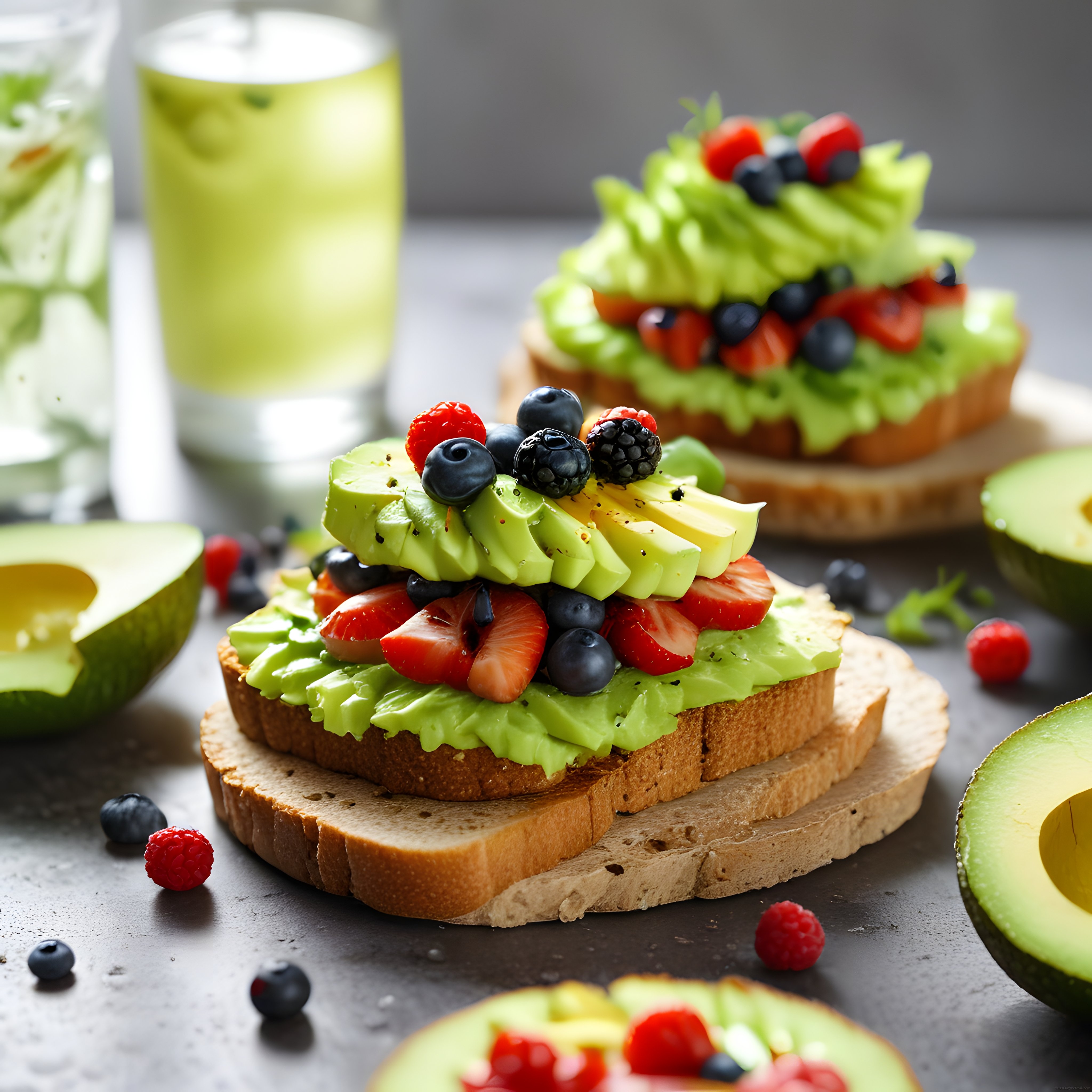 Taze avokado ve orman meyveli tost ile ev yapımı yeşil smoothie kahvaltısı