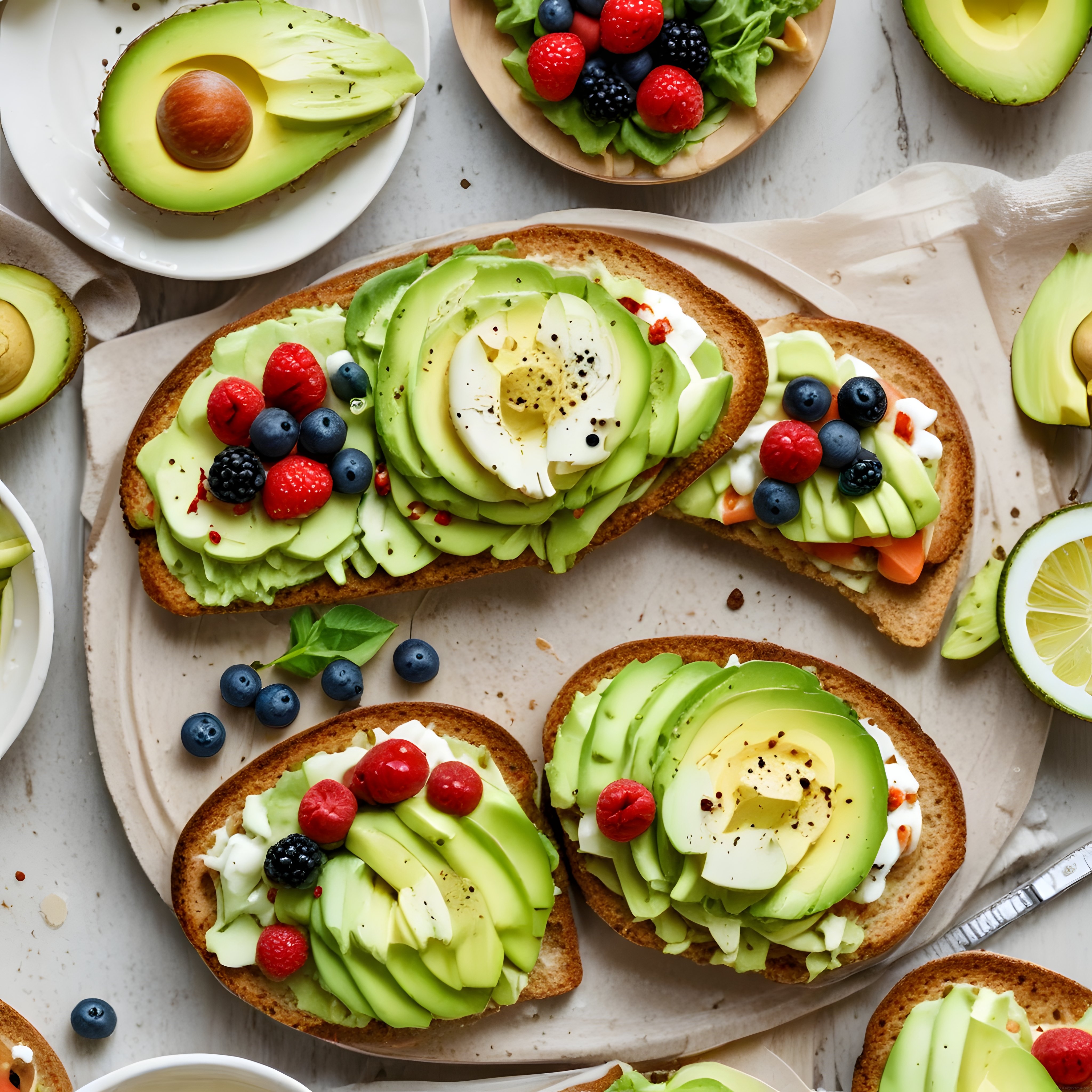 Taze Avokado ve Orman Meyveli Tostlarla Süslenmiş Sağlıklı Kahvaltı Masası