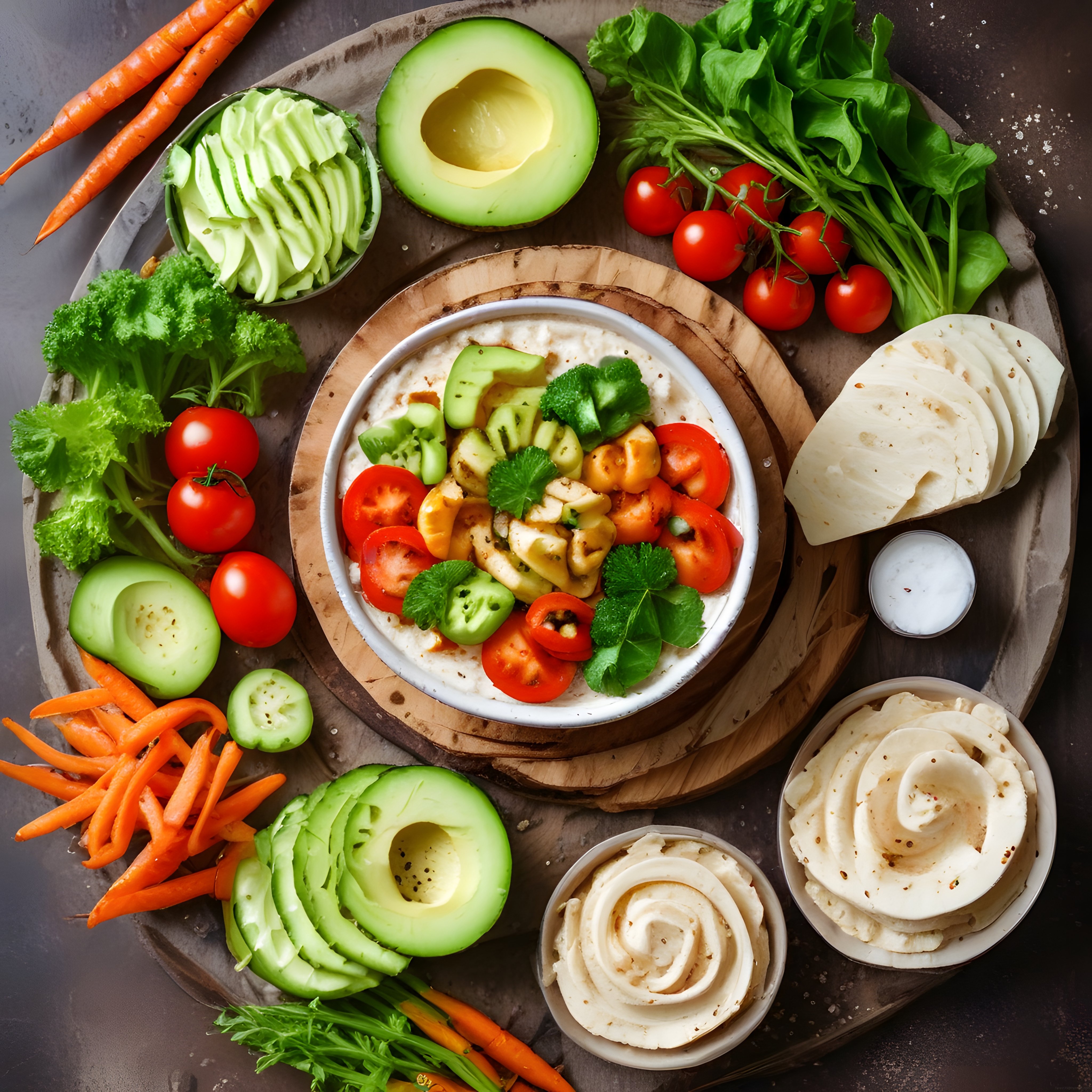 Taze Avokado ve Sebzelerle Hazırlanan Besleyici Mezze Tabağı Sunumu