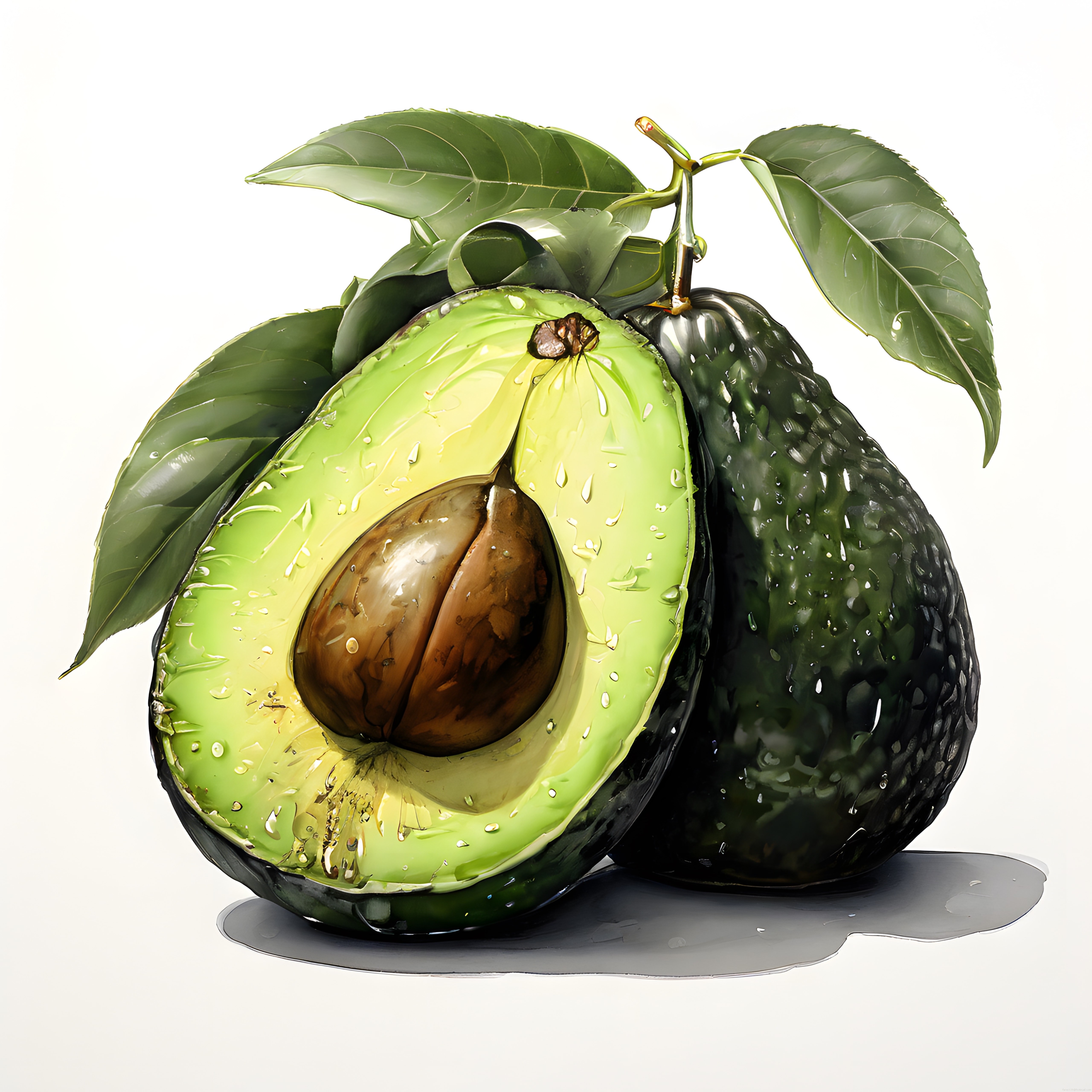 Taze Avokado ve Yaprakları: Su Damlacıklarıyla Parlak Bir Vegan Beslenme Çekimi