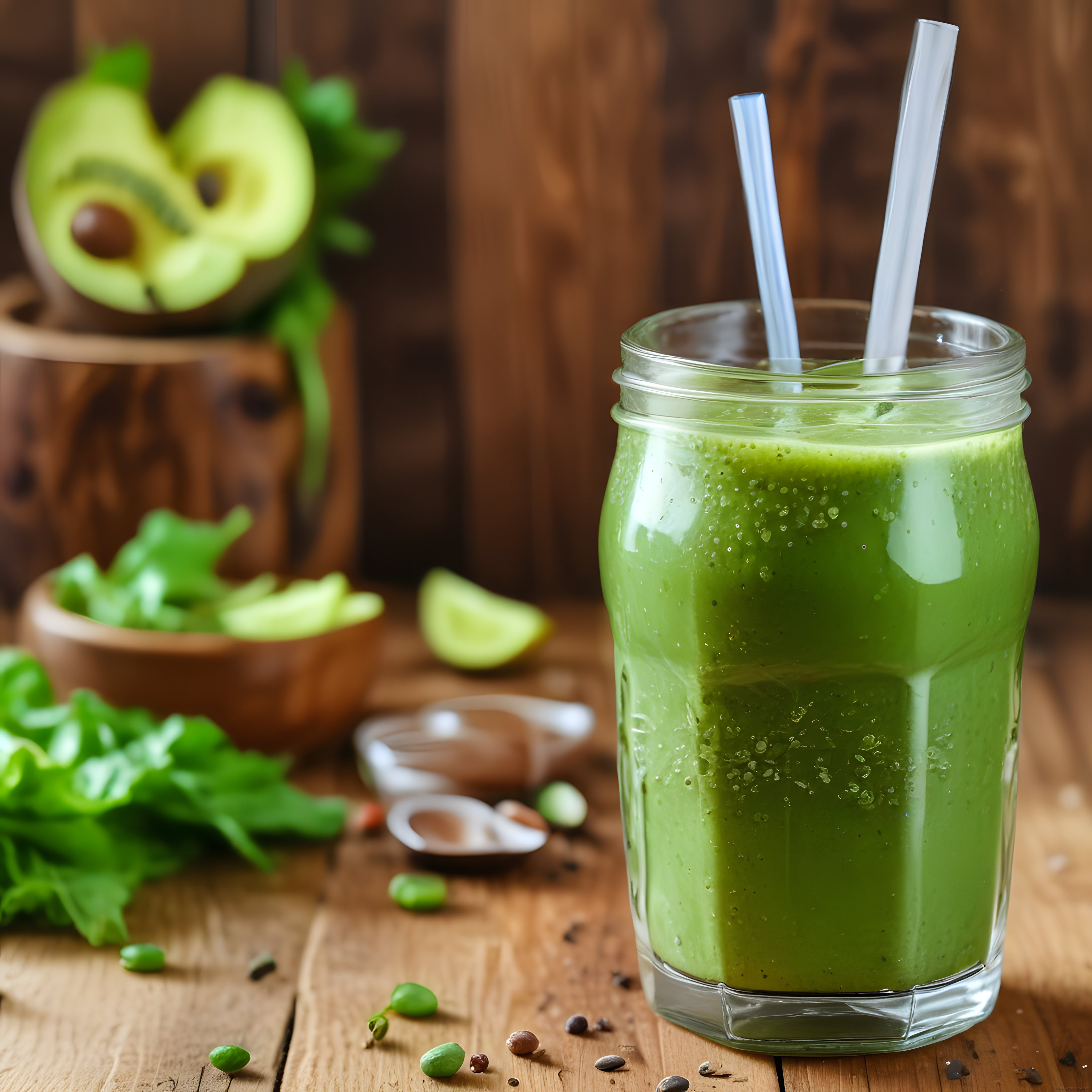 Taze Avokado ve Yeşilliklerle Hazırlanan Ev Yapımı Sağlıklı Yeşil Smoothie