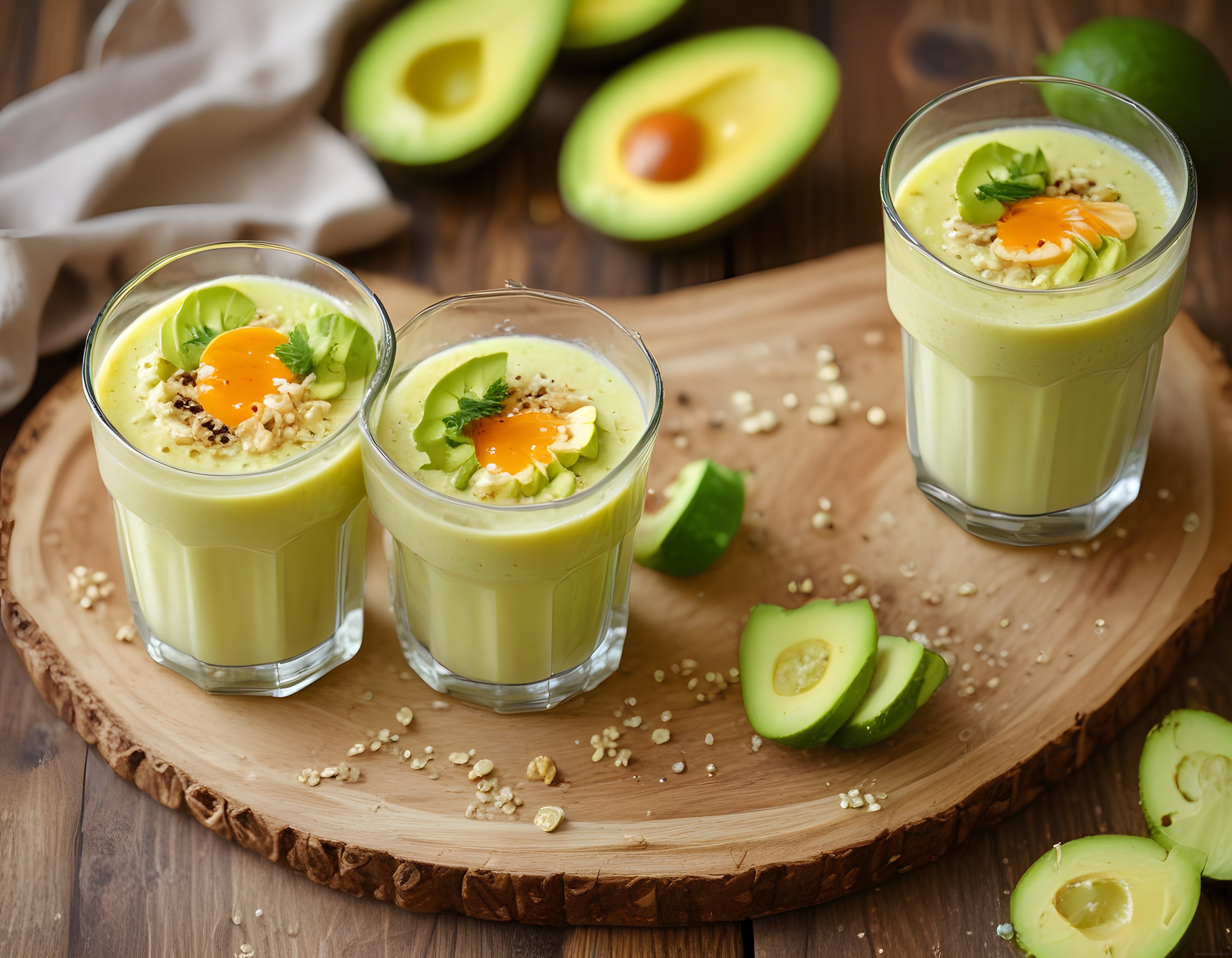 Taze Avokado ve Yulaflı Sağlıklı Smoothie Bardakları ile Rustik Sunum