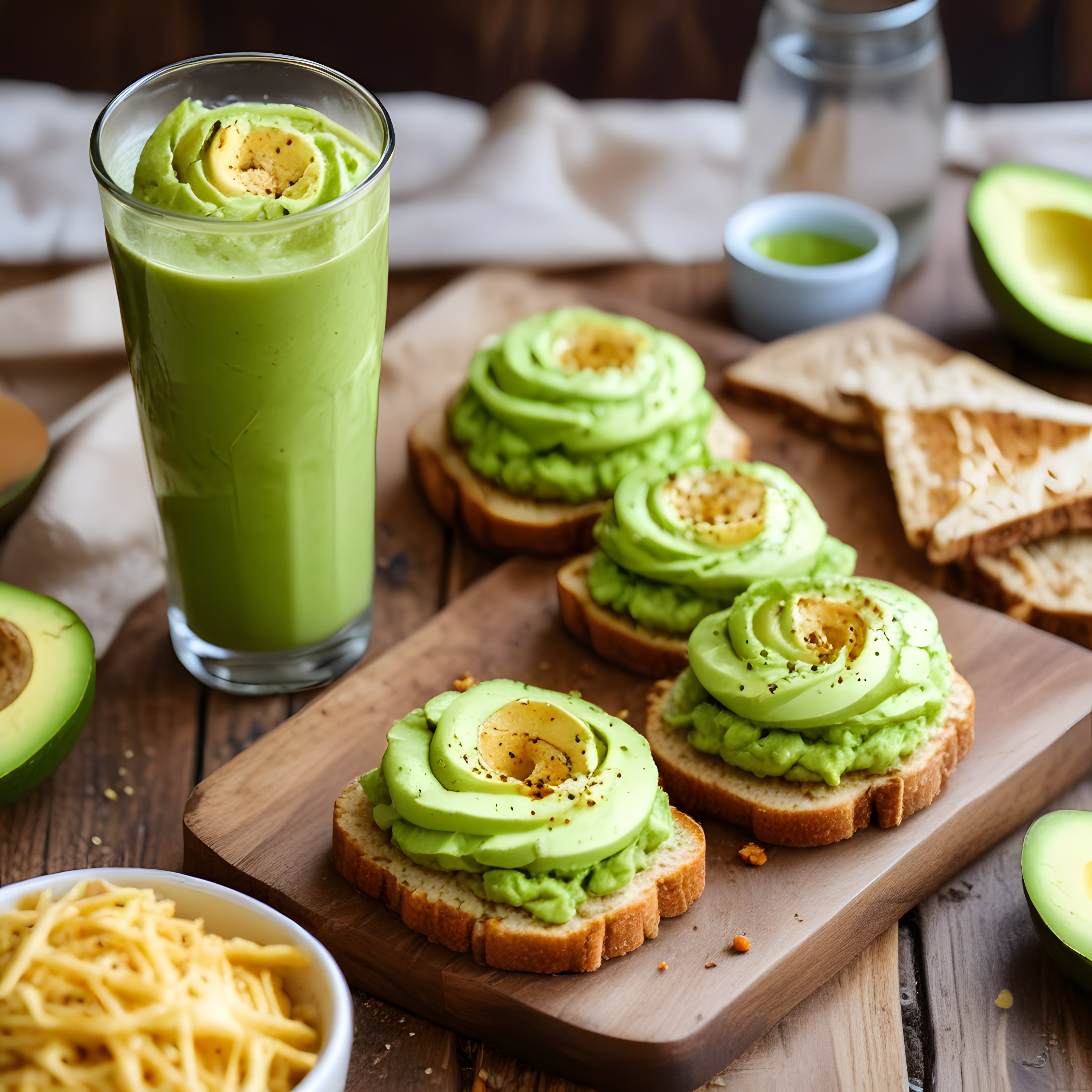 Taze Avokadolu Ekmek Üzeri Gül Süslemeli Kahvaltı Tabağı ve Yeşil Smoothie