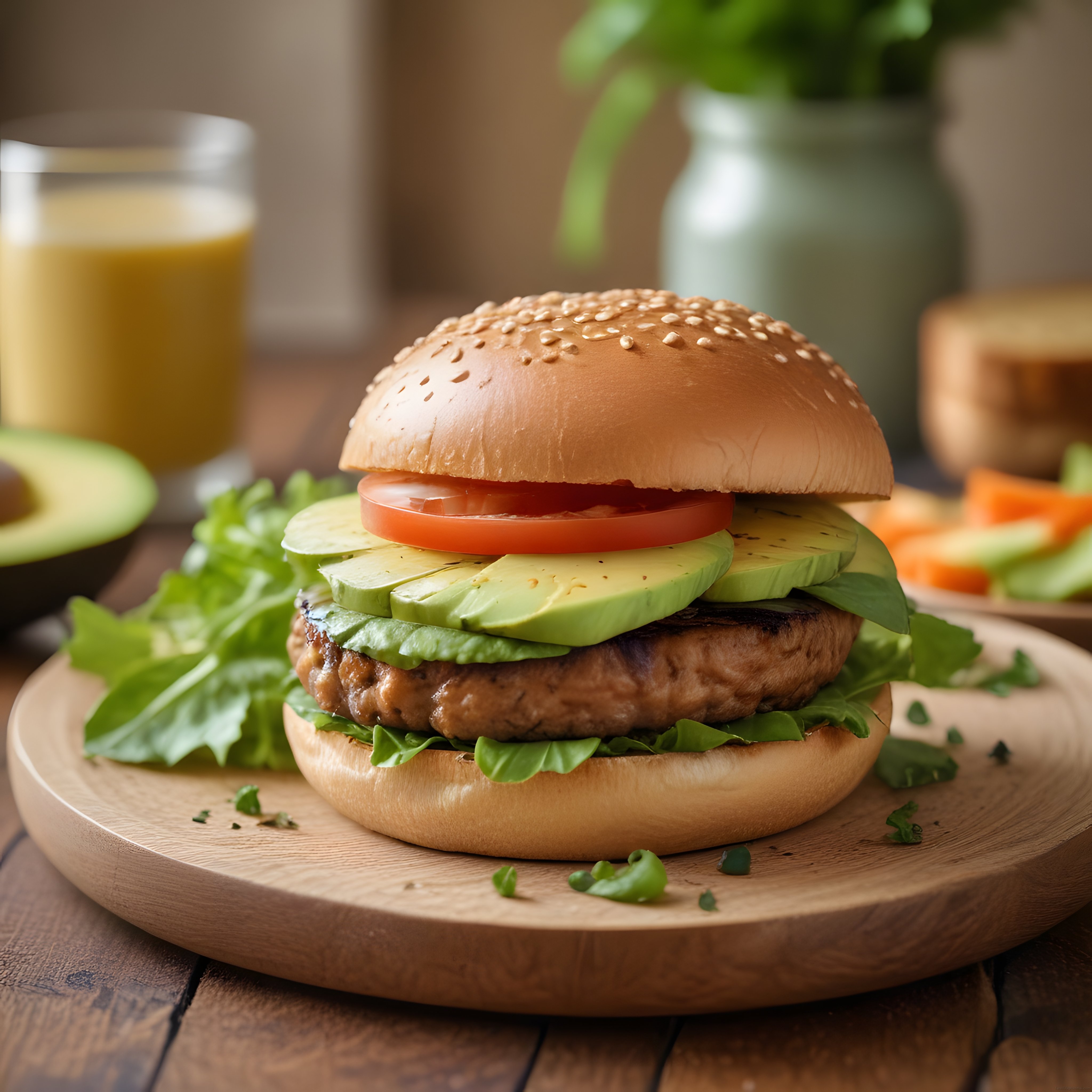 Taze Avokadolu Izgara Burger ve Portakal Suyu ile Doğal Mutfak Atmosferi