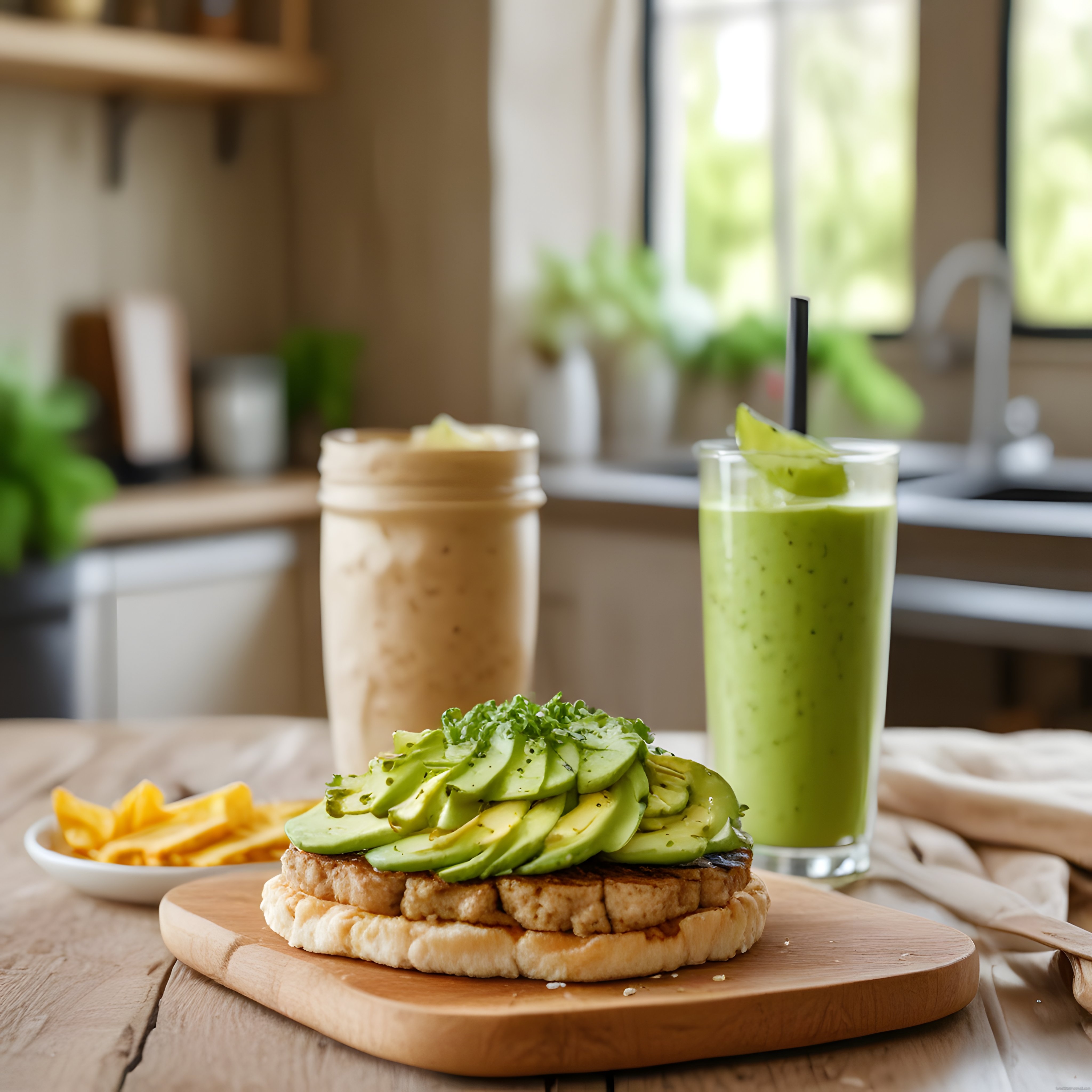 Taze Avokadolu Kızarmış Ekmek ve Yeşil Smoothie ile Sağlıklı Kahvaltı Sunumu