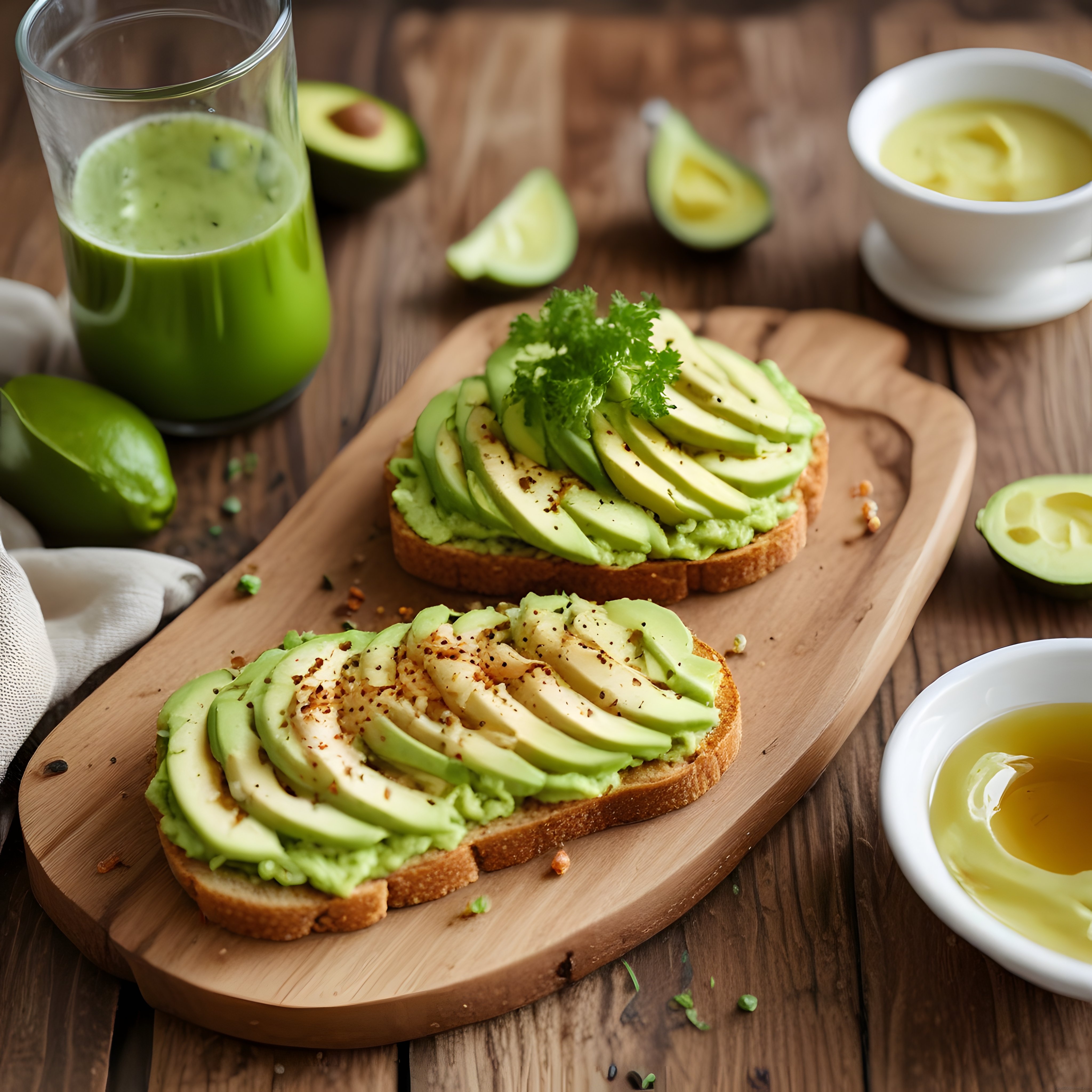 Taze Avokadolu Tost ve Yeşil Smoothie ile Sağlıklı Kahvaltı Konsepti