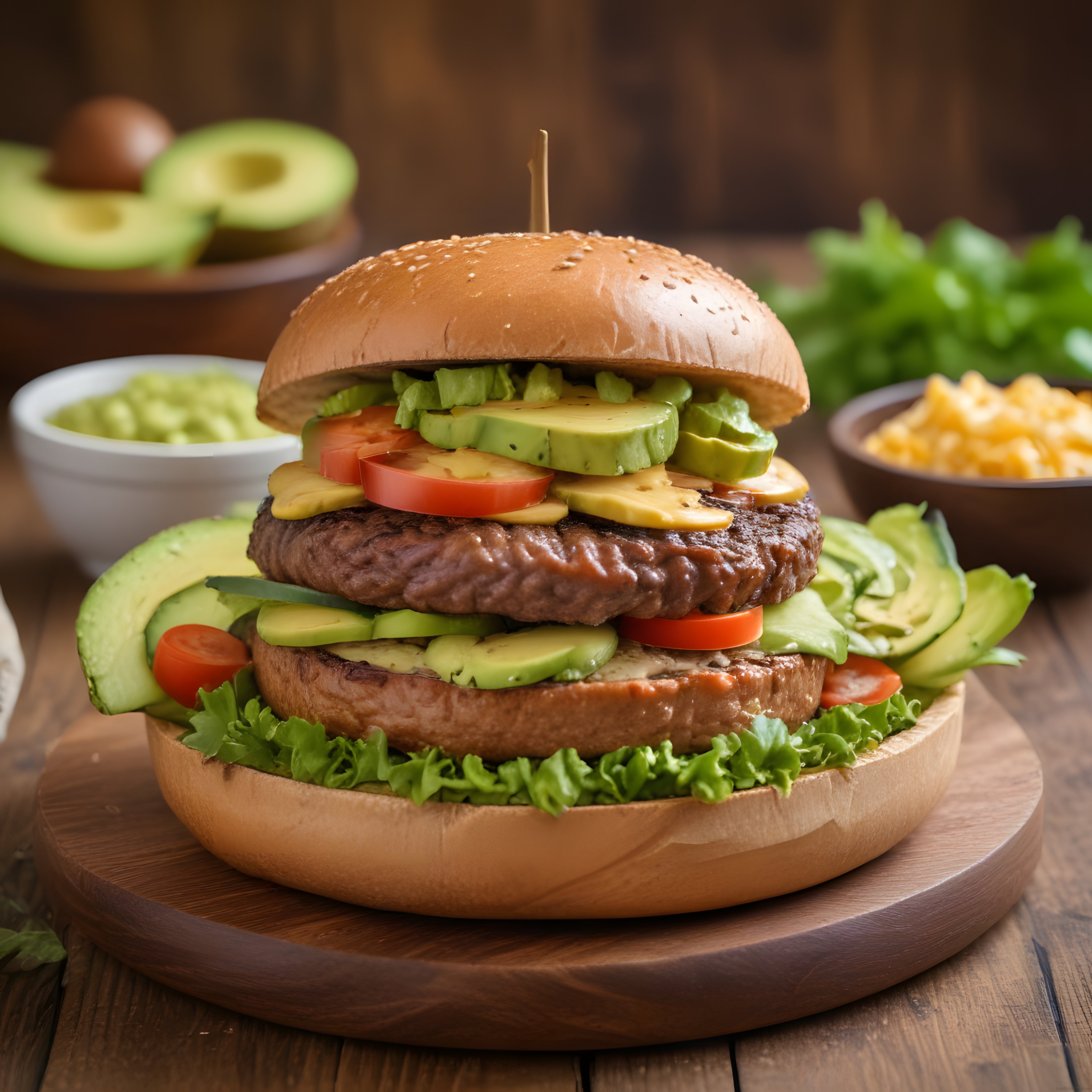 Taze Avokadolu ve Cheddar Peynirli Çift Katlı Gourmet Hamburger Sunumu